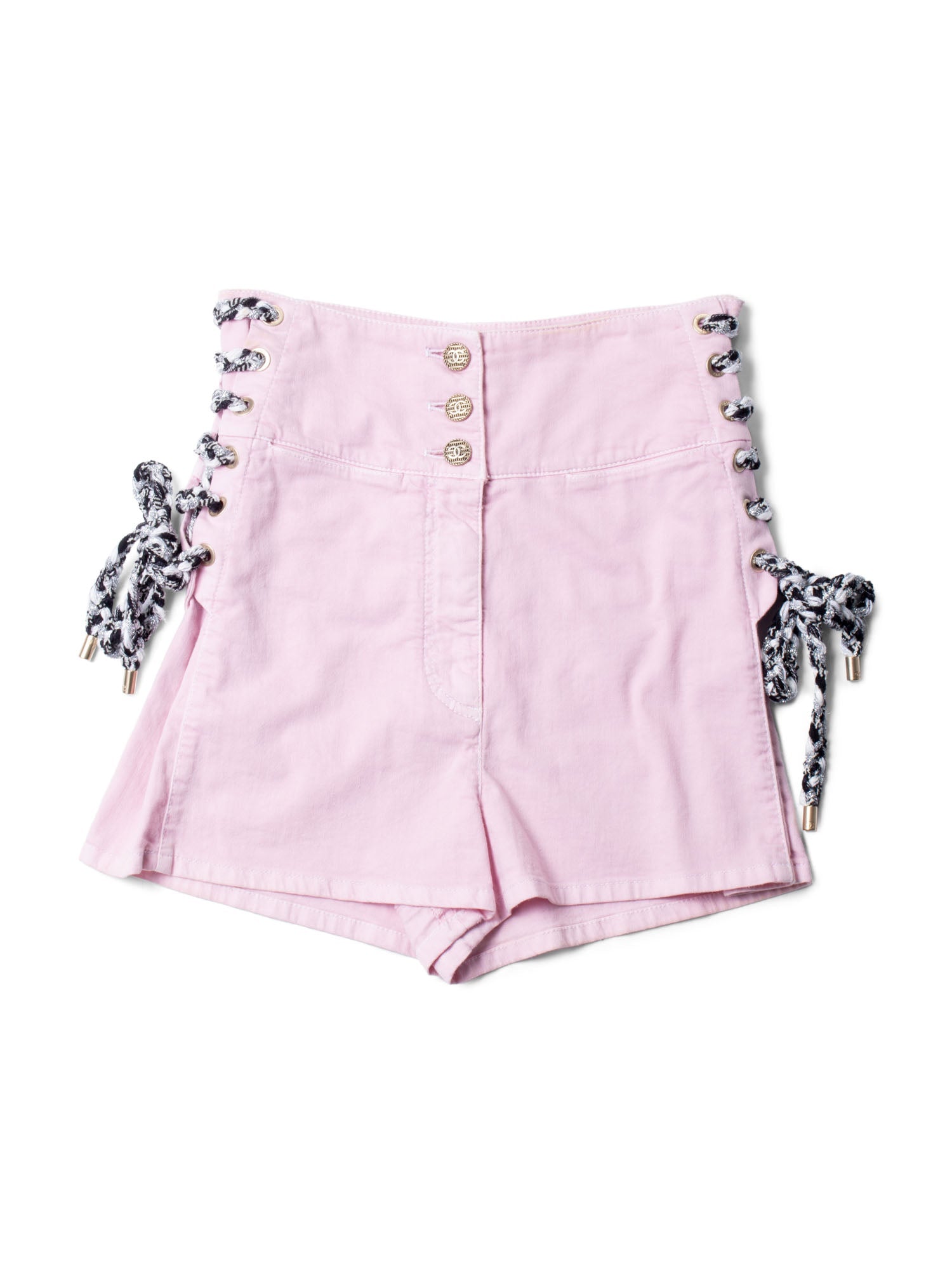 Chanel CC Logo Cotton Tweed Lace Up High Waisted Shorts Pink