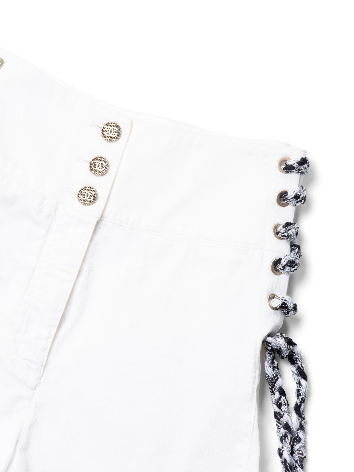 Chanel CC Logo Cotton Tweed Lace Up High Waisted Shorts White Black