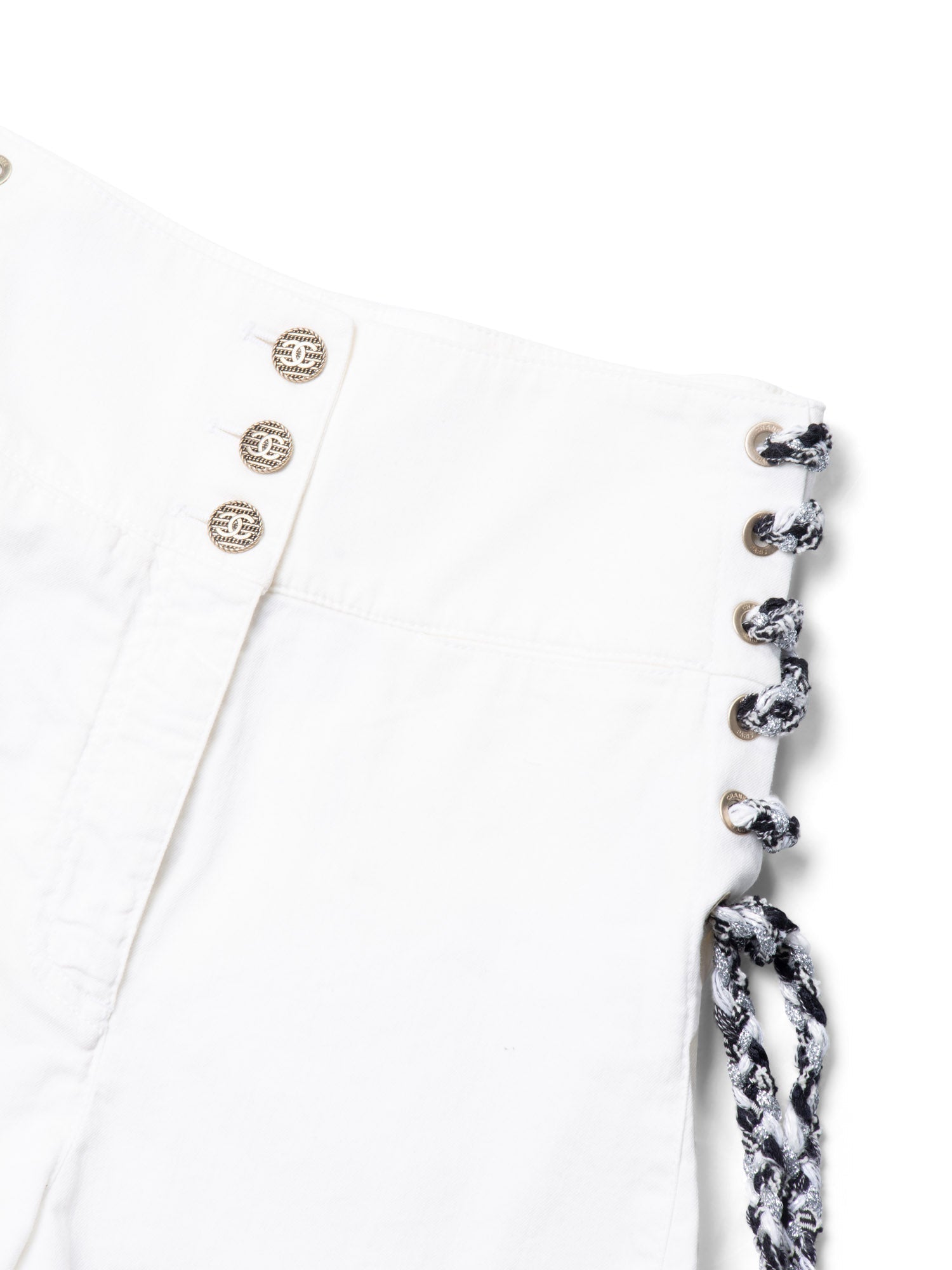 Chanel CC Logo Cotton Tweed Lace Up High Waisted Shorts White Black