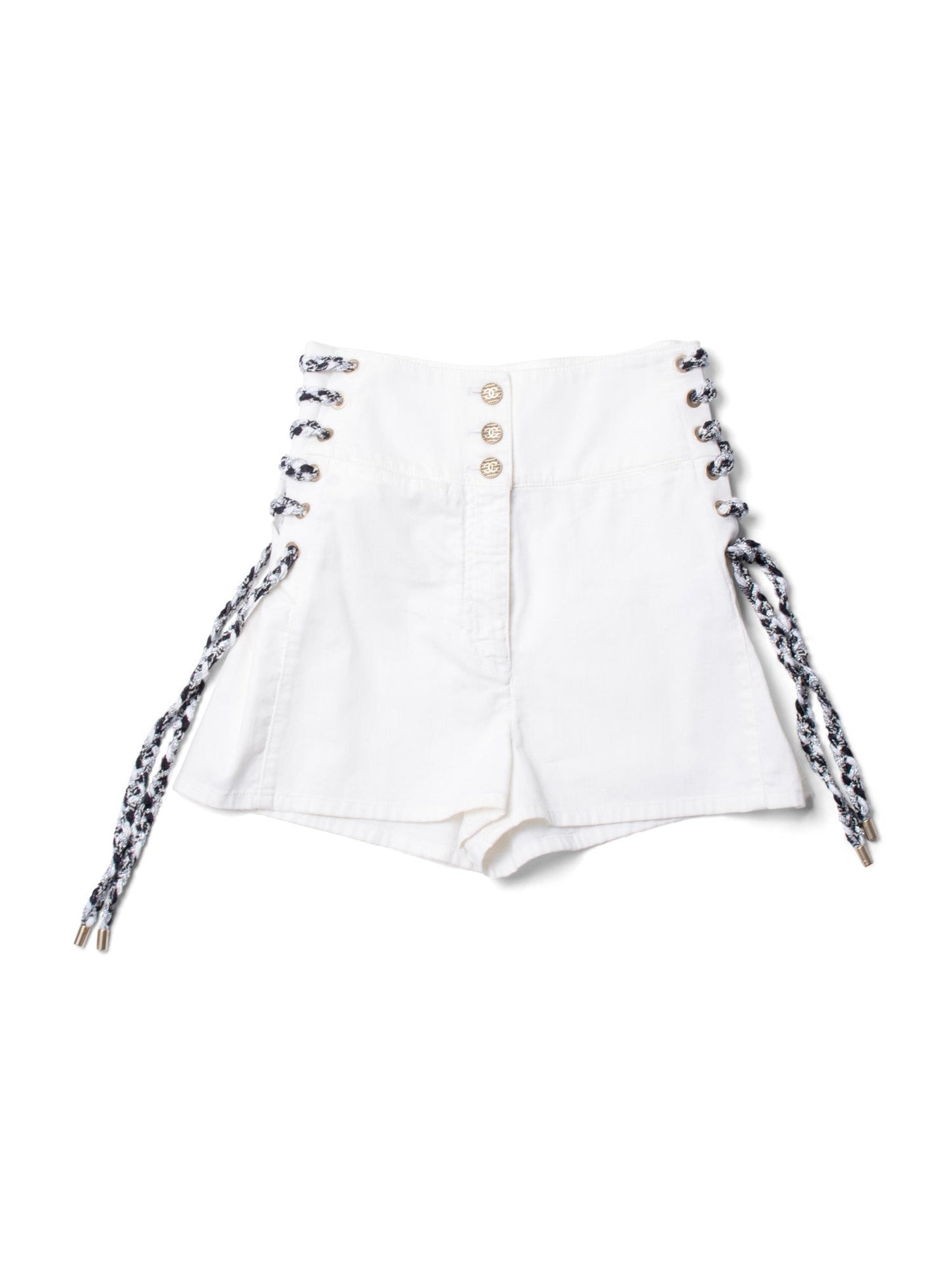 Chanel CC Logo Cotton Tweed Lace Up High Waisted Shorts White Black