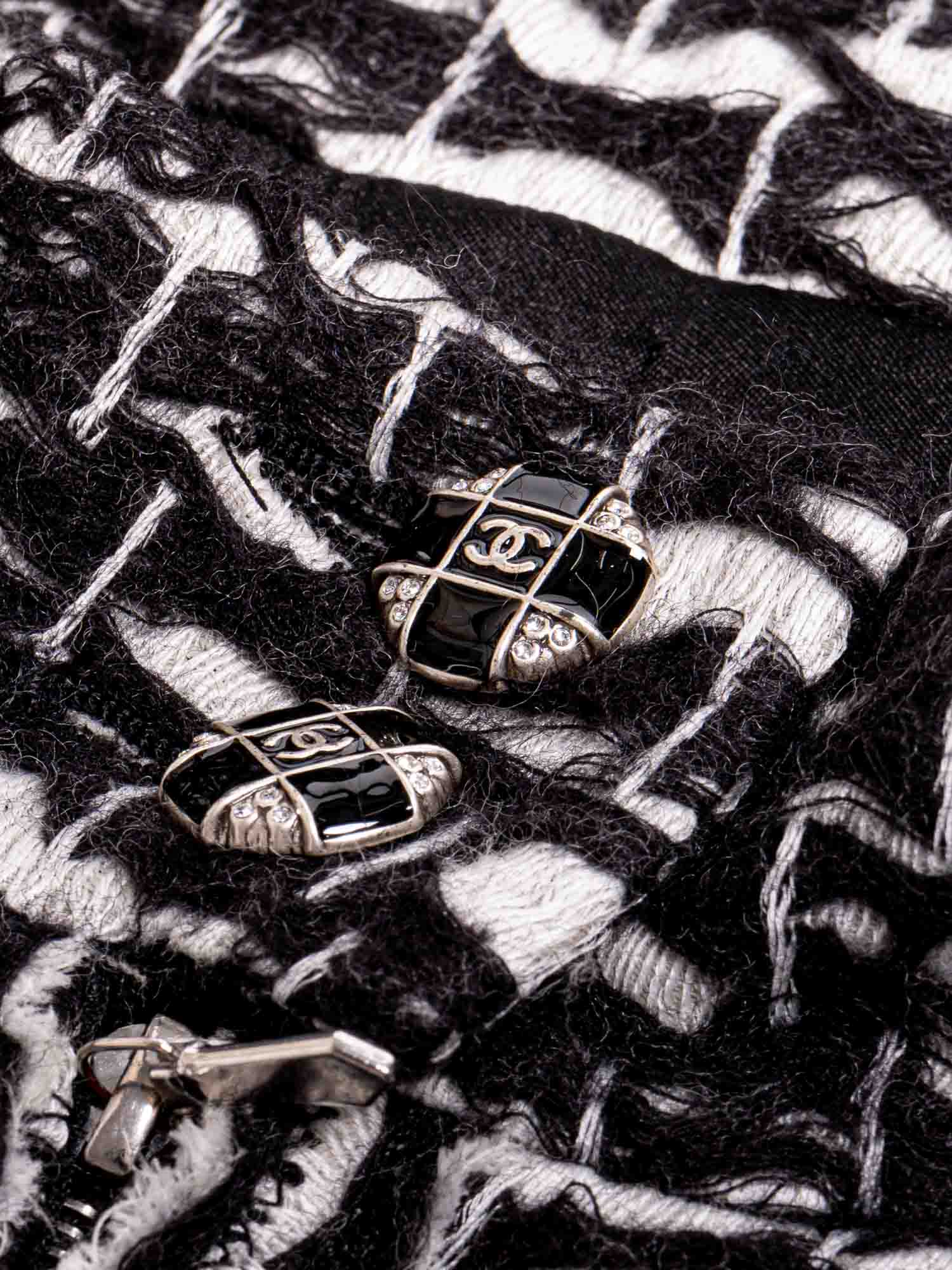 Chanel CC Logo Fantasy Tweed Fringe A-Line Coat Black White