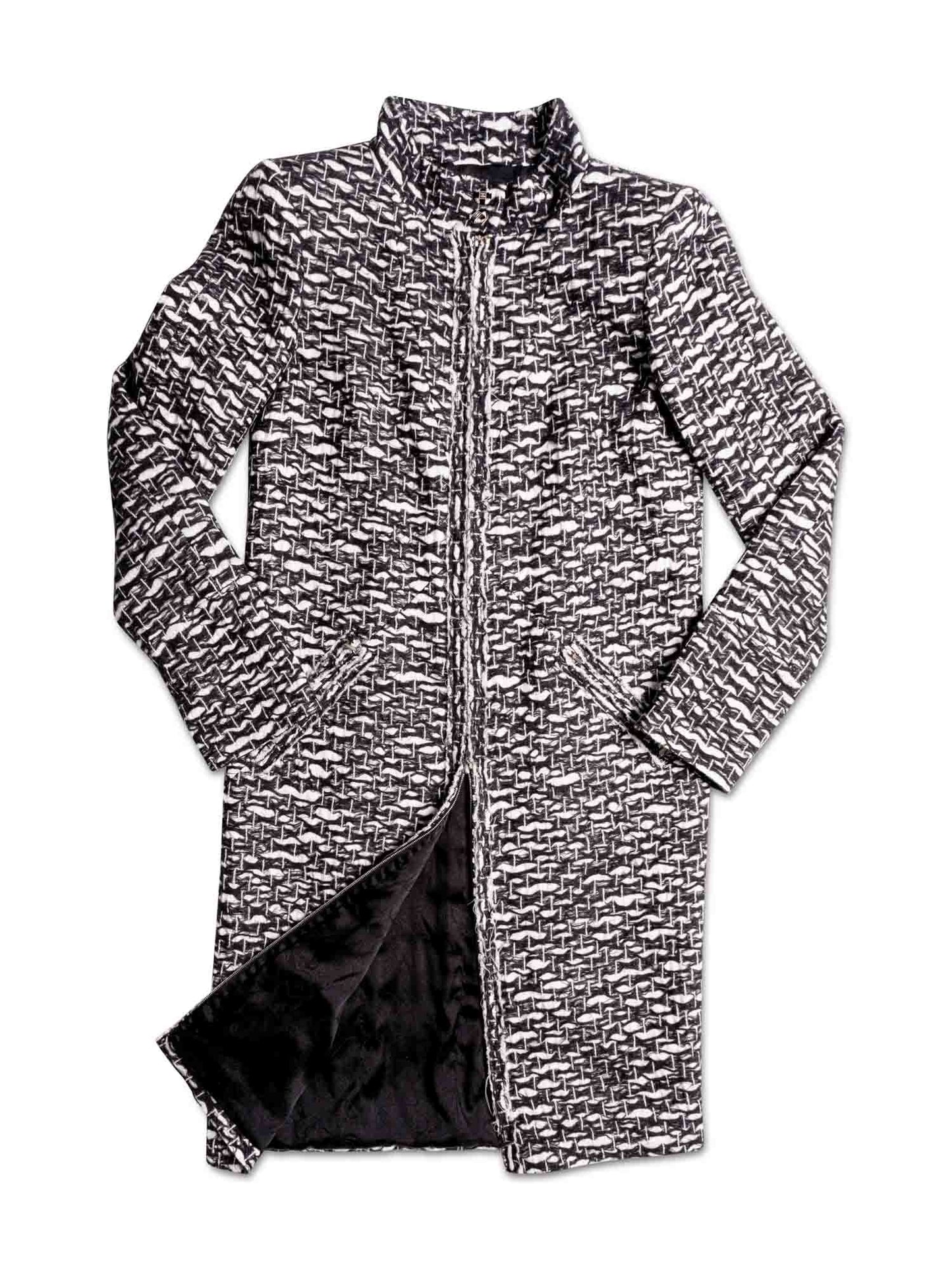 Chanel CC Logo Fantasy Tweed Fringe A-Line Coat Black White