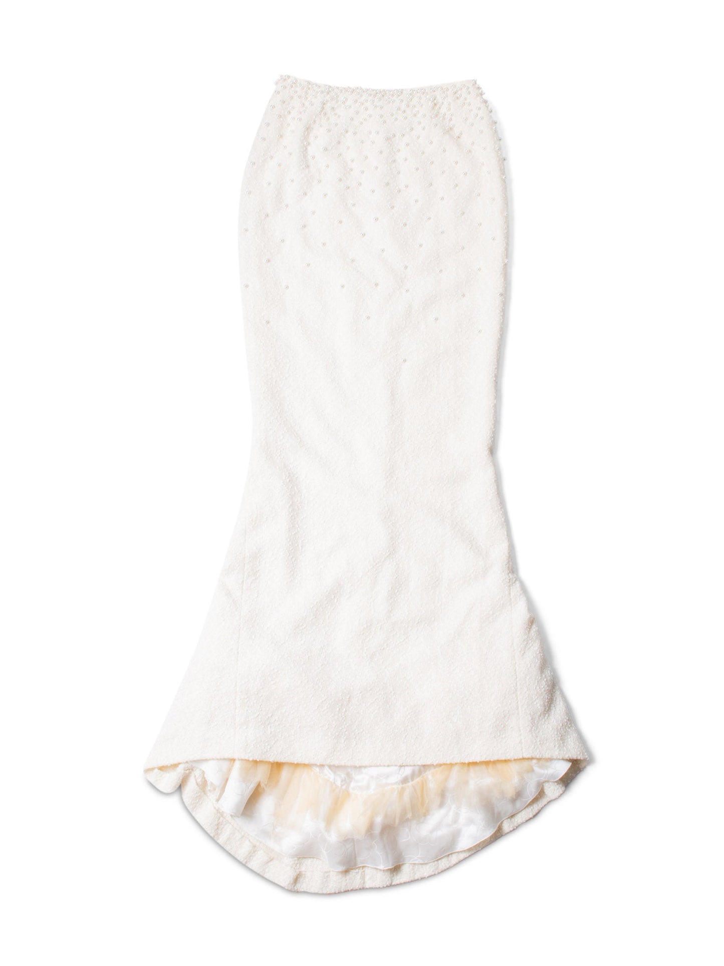 Chanel CC Logo Fantasy Tweed Pearl Two Piece Mermaid Maxi Skirt Vest Ivory