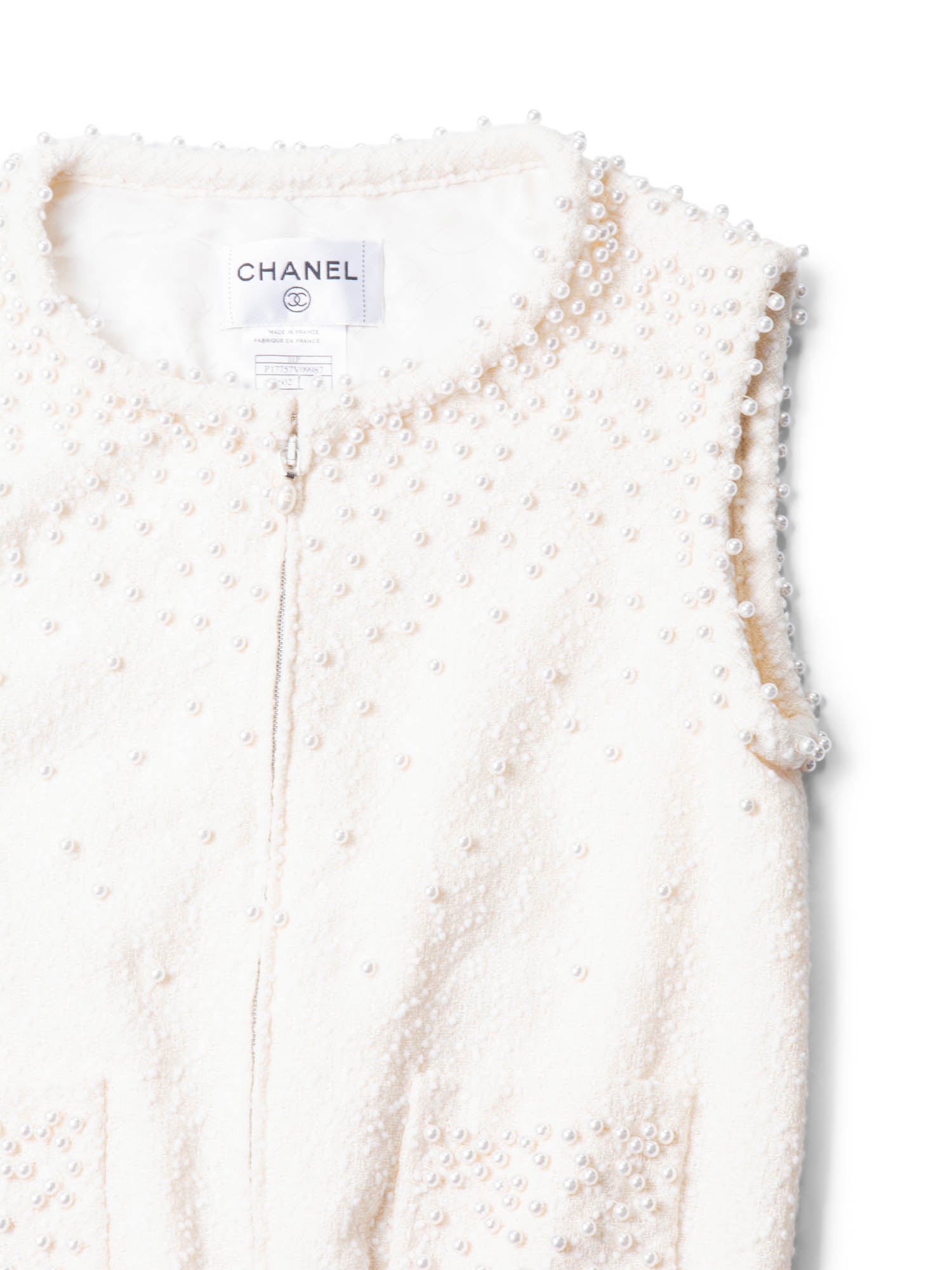 Chanel CC Logo Fantasy Tweed Pearl Two Piece Mermaid Maxi Skirt Vest Ivory