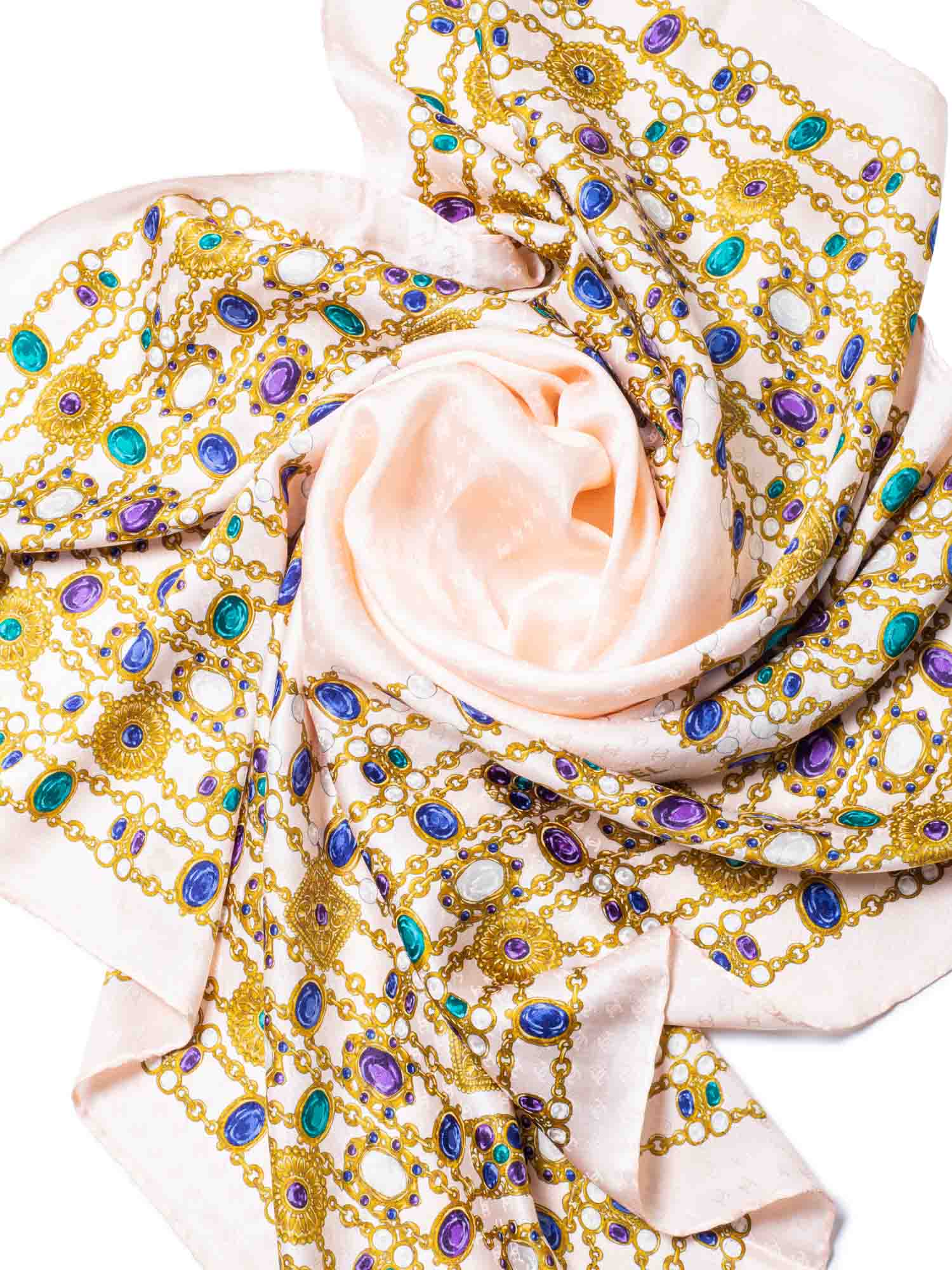 Chanel CC Logo Gripoix Jewels Scarf Pink Multicolor