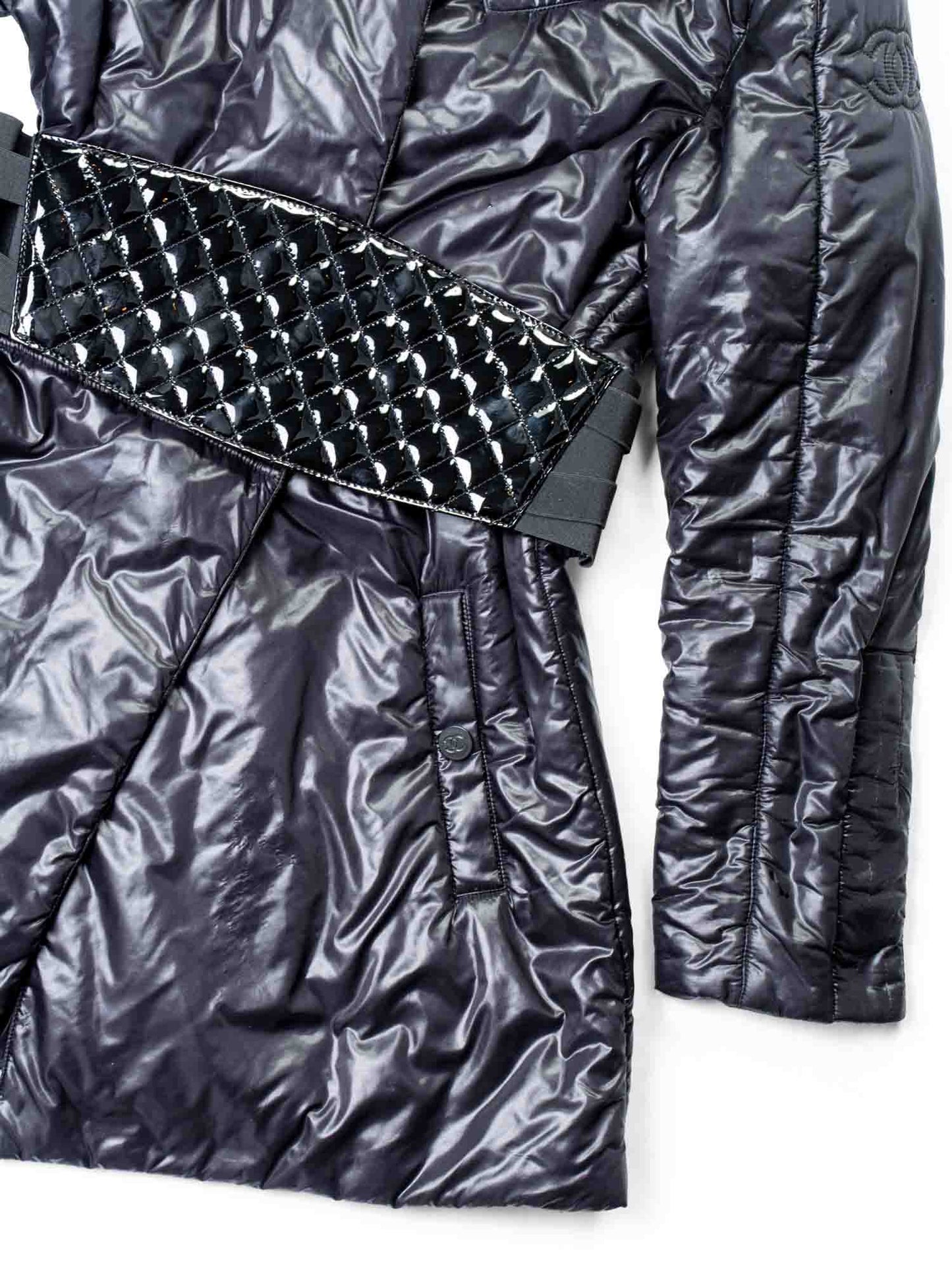 Chanel CC Logo Hooded Patent Leather Belt Puffer Coat Black