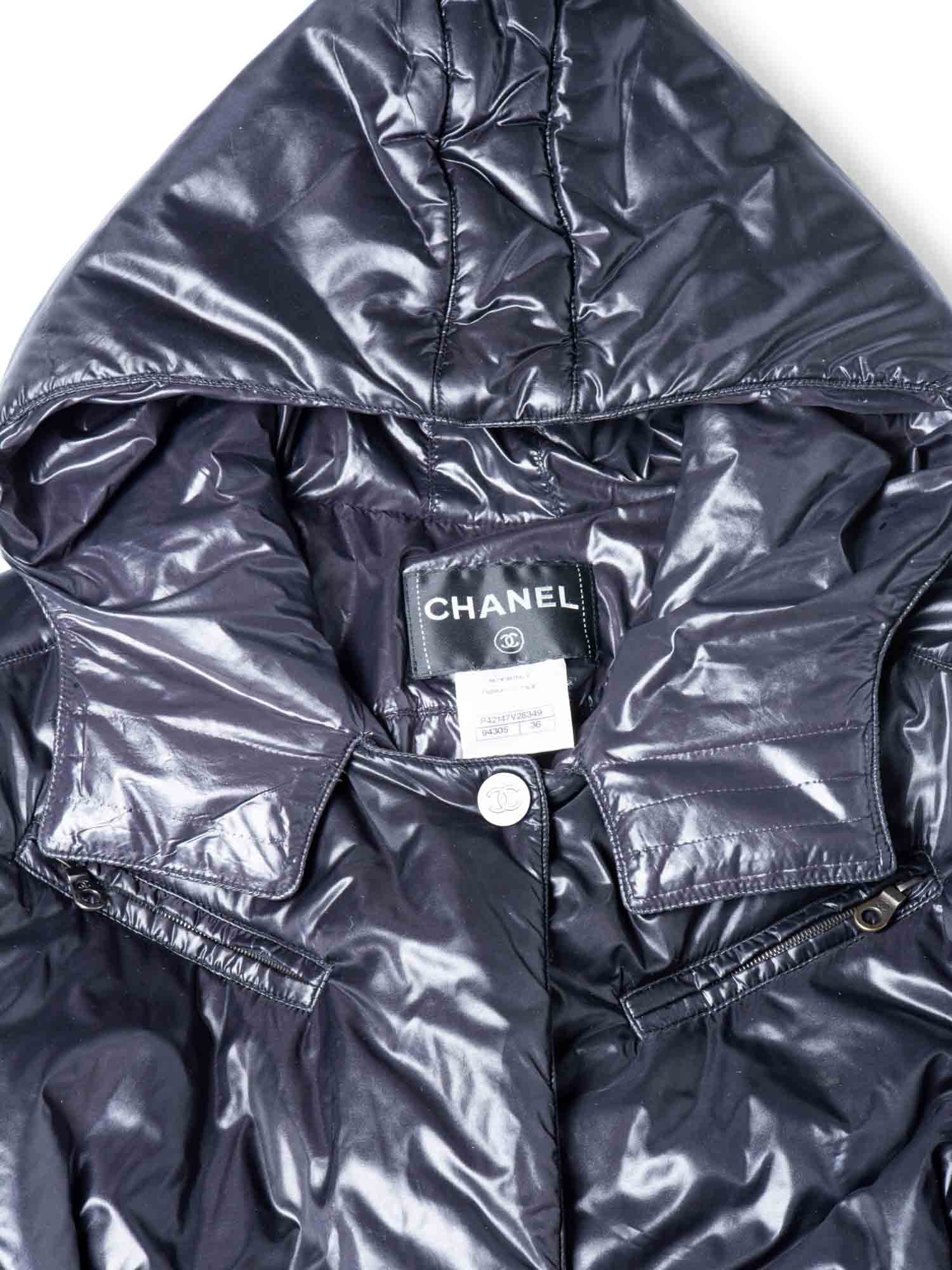 Chanel CC Logo Hooded Patent Leather Belt Puffer Coat Black