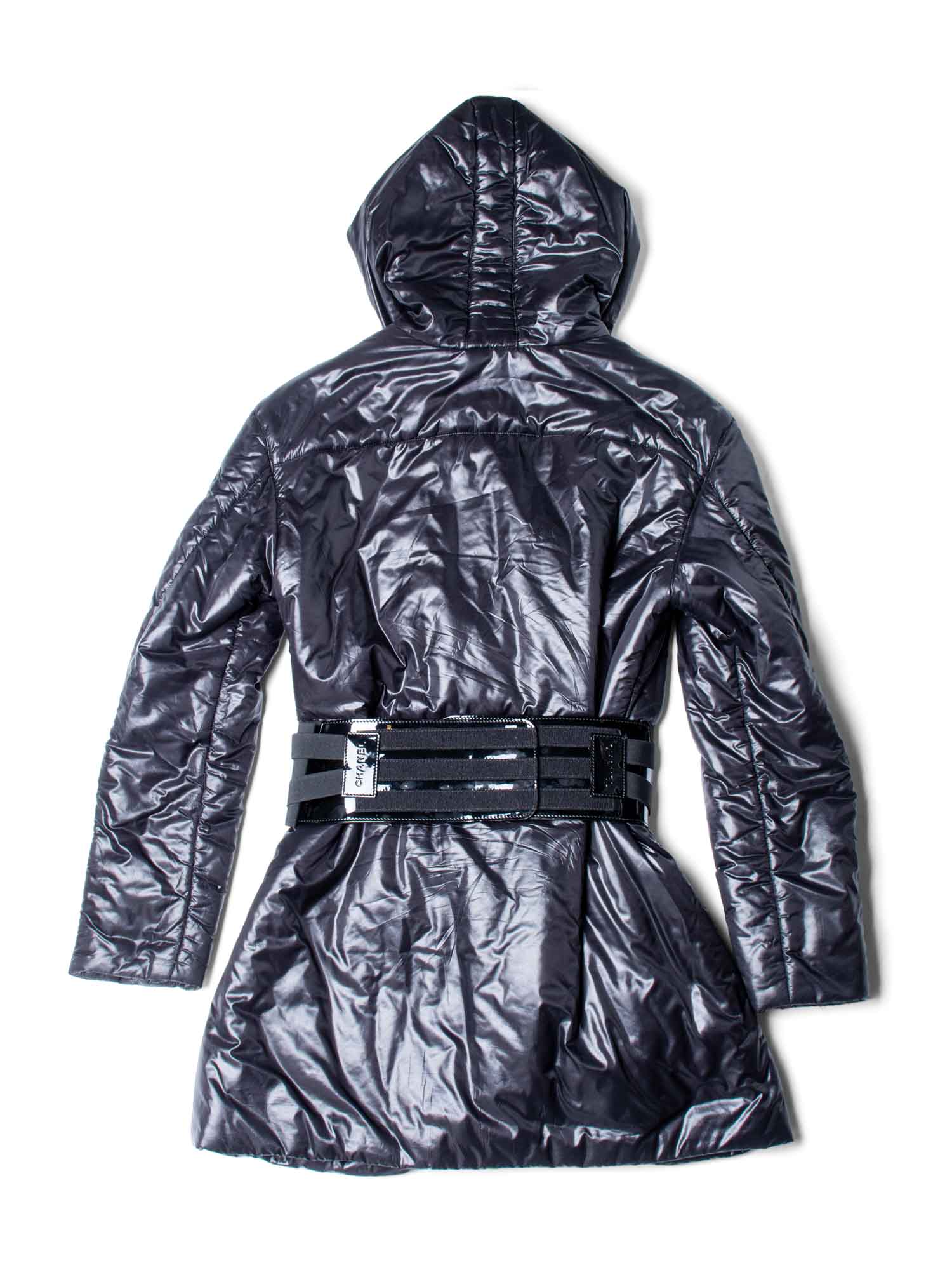 Chanel CC Logo Hooded Patent Leather Belt Puffer Coat Black