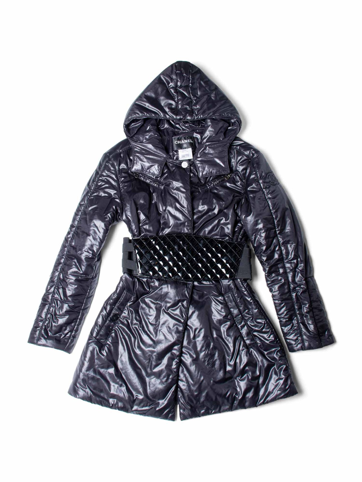 Chanel CC Logo Hooded Patent Leather Belt Puffer Coat Black