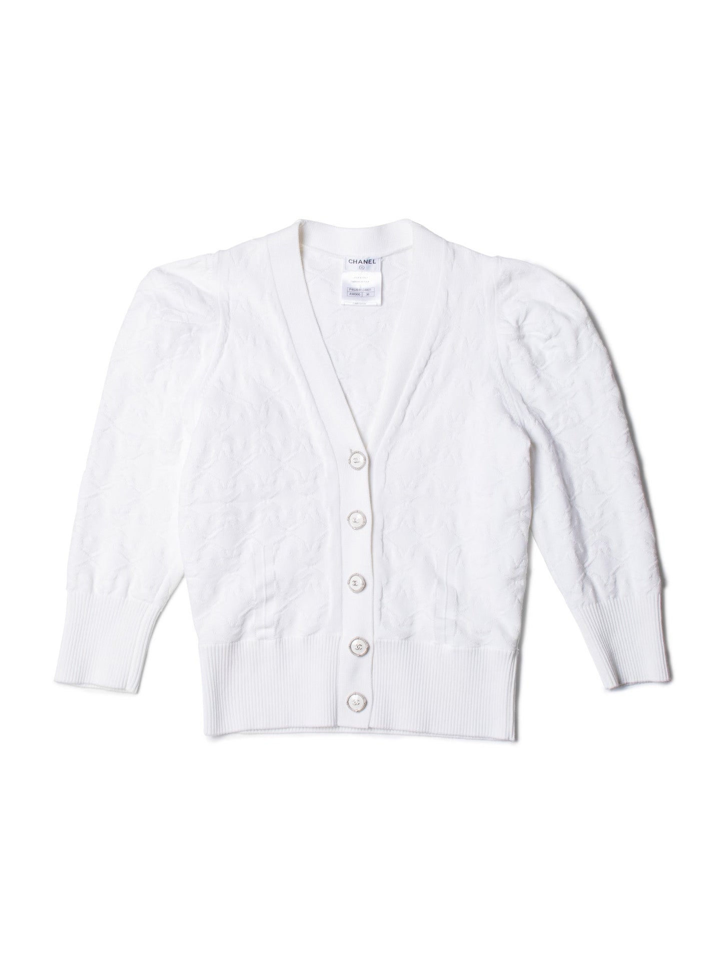 Chanel CC Logo Knit Button Down Cardigan White