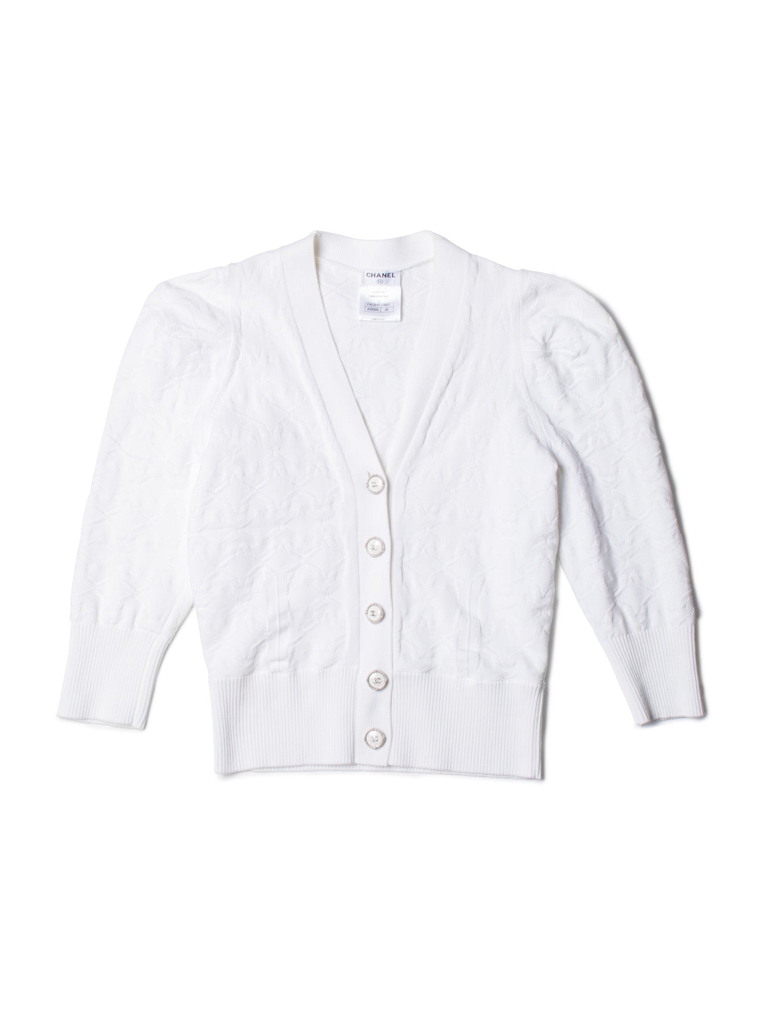 Chanel CC Logo Knit Button Down Cardigan White