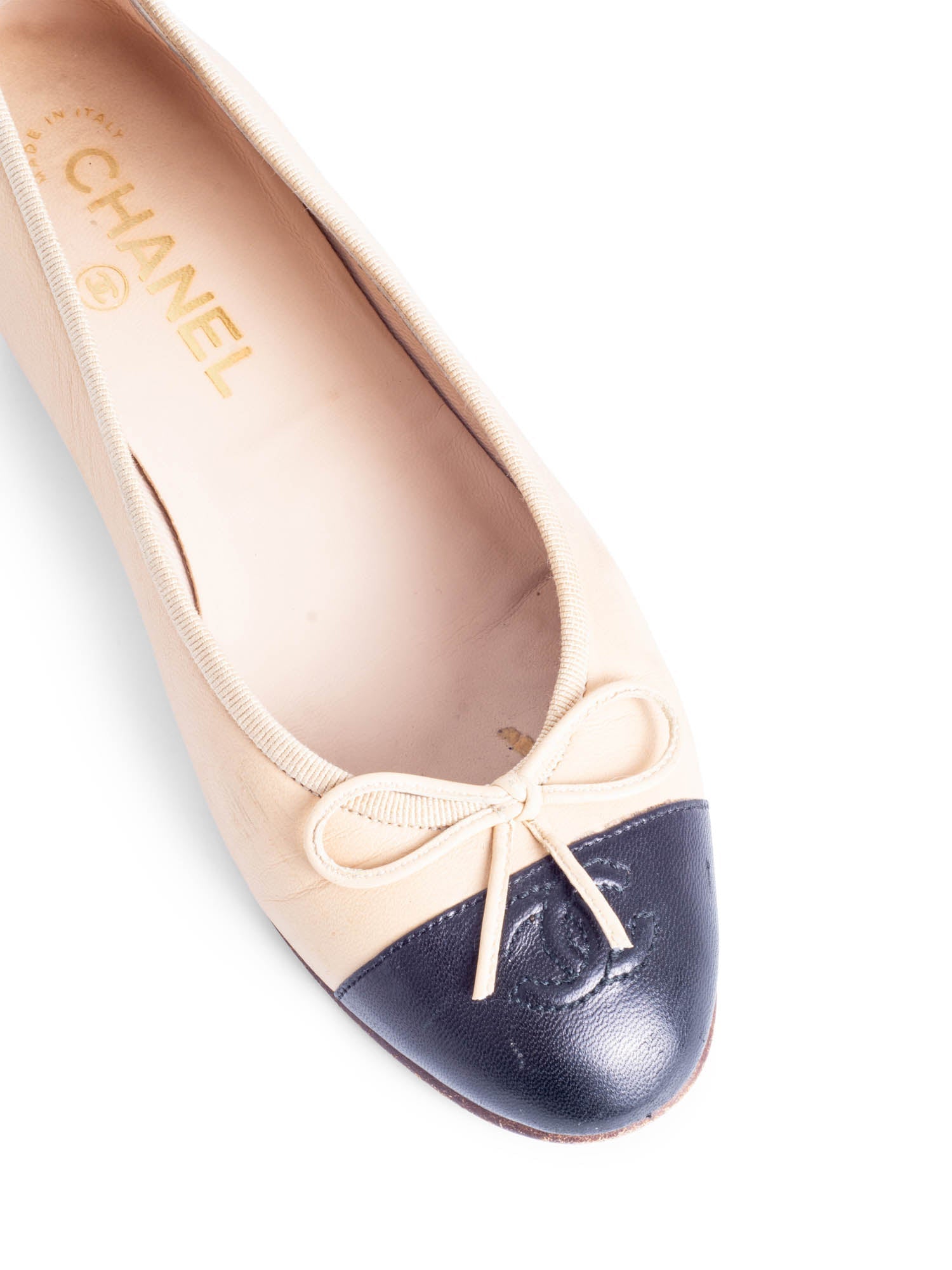Chanel CC Logo Leather Cap Toe Ballet Flats Beige Black