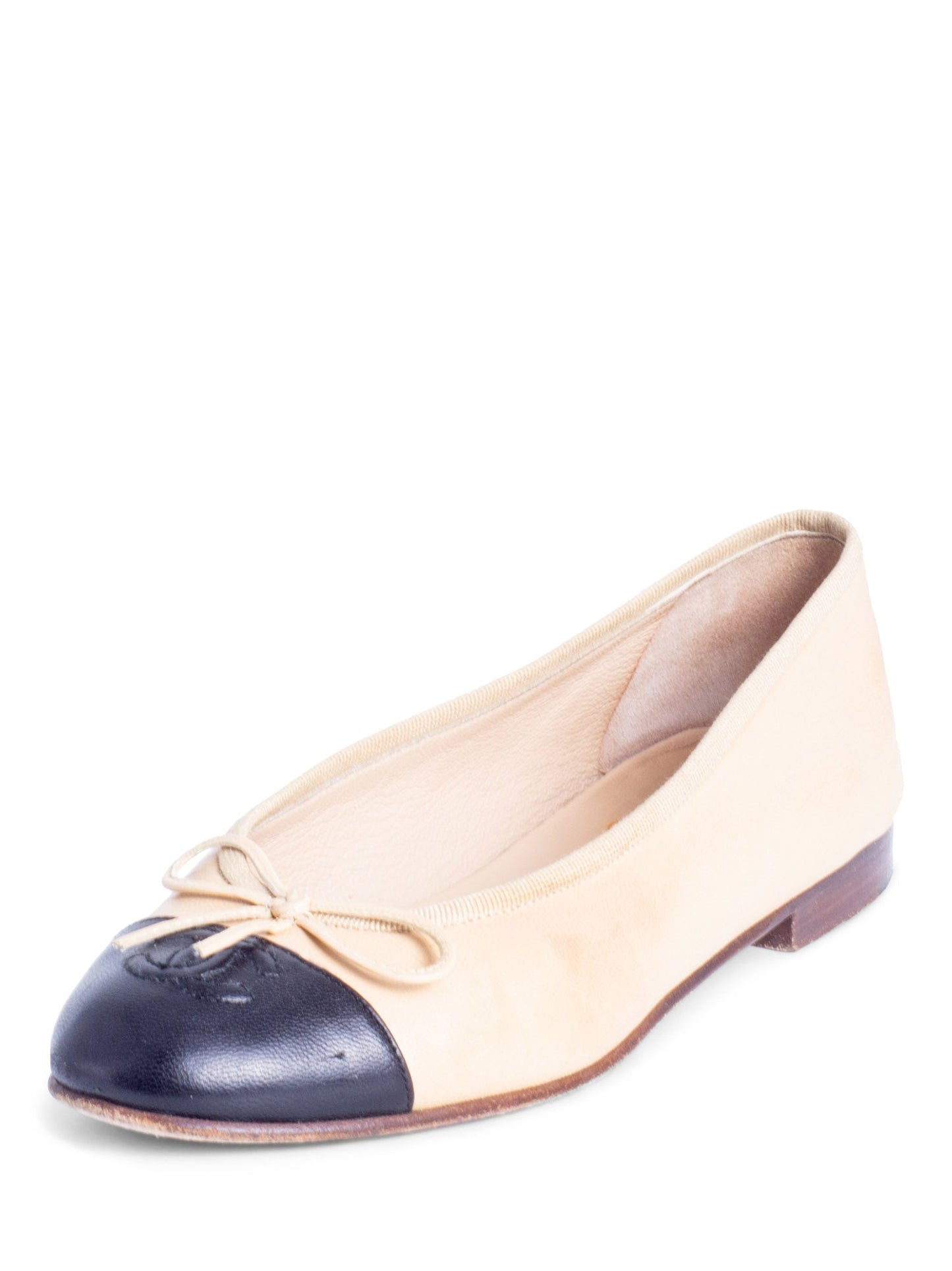 Chanel CC Logo Leather Cap Toe Ballet Flats Beige Black