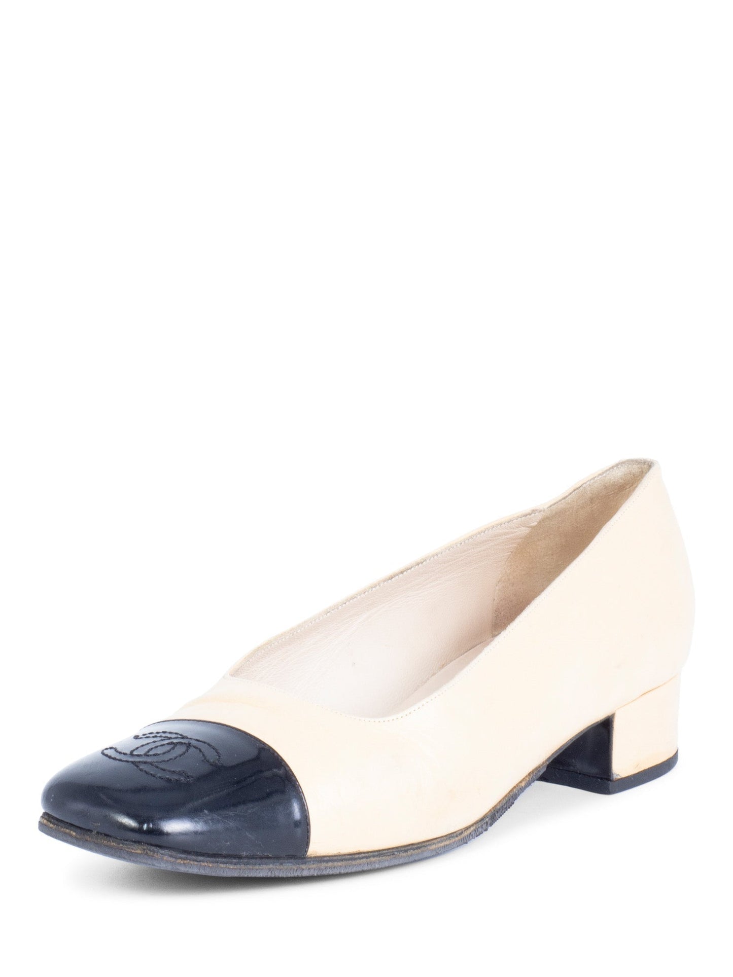 Chanel CC Logo Leather Cap Toe Ballet Pumps Black Beige
