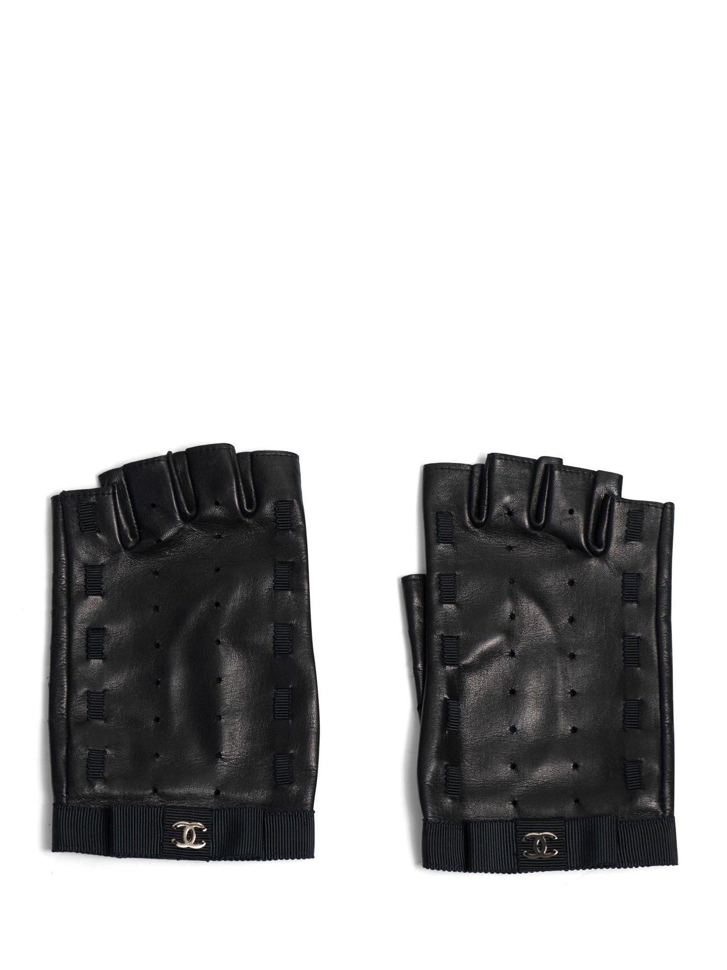 Chanel CC Logo Leather Fingerless Gloves Black