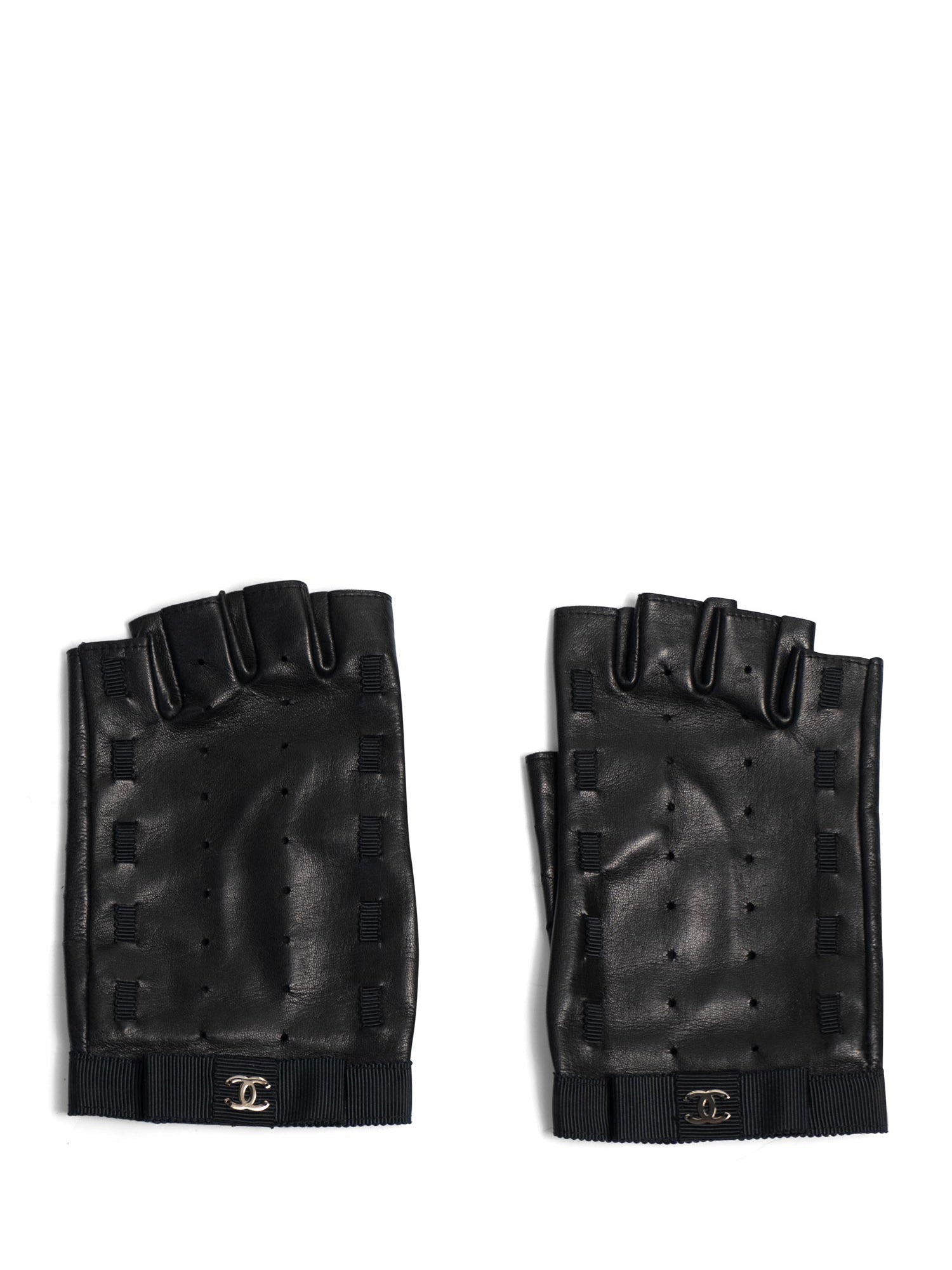 Chanel CC Logo Leather Fingerless Gloves Black