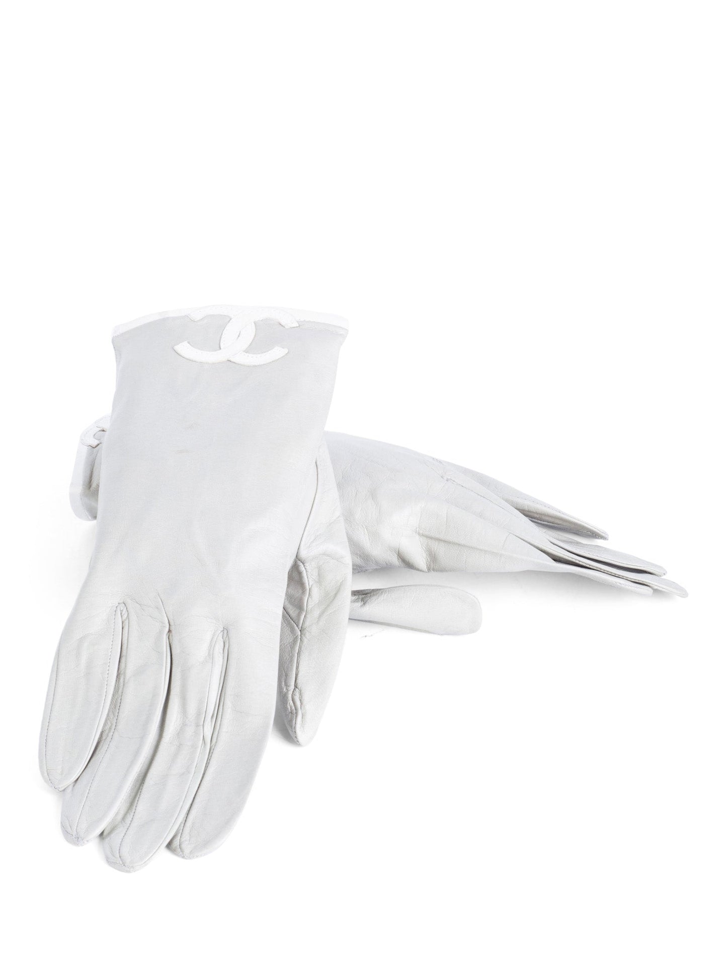 Chanel CC Logo Leather Gloves Grey White