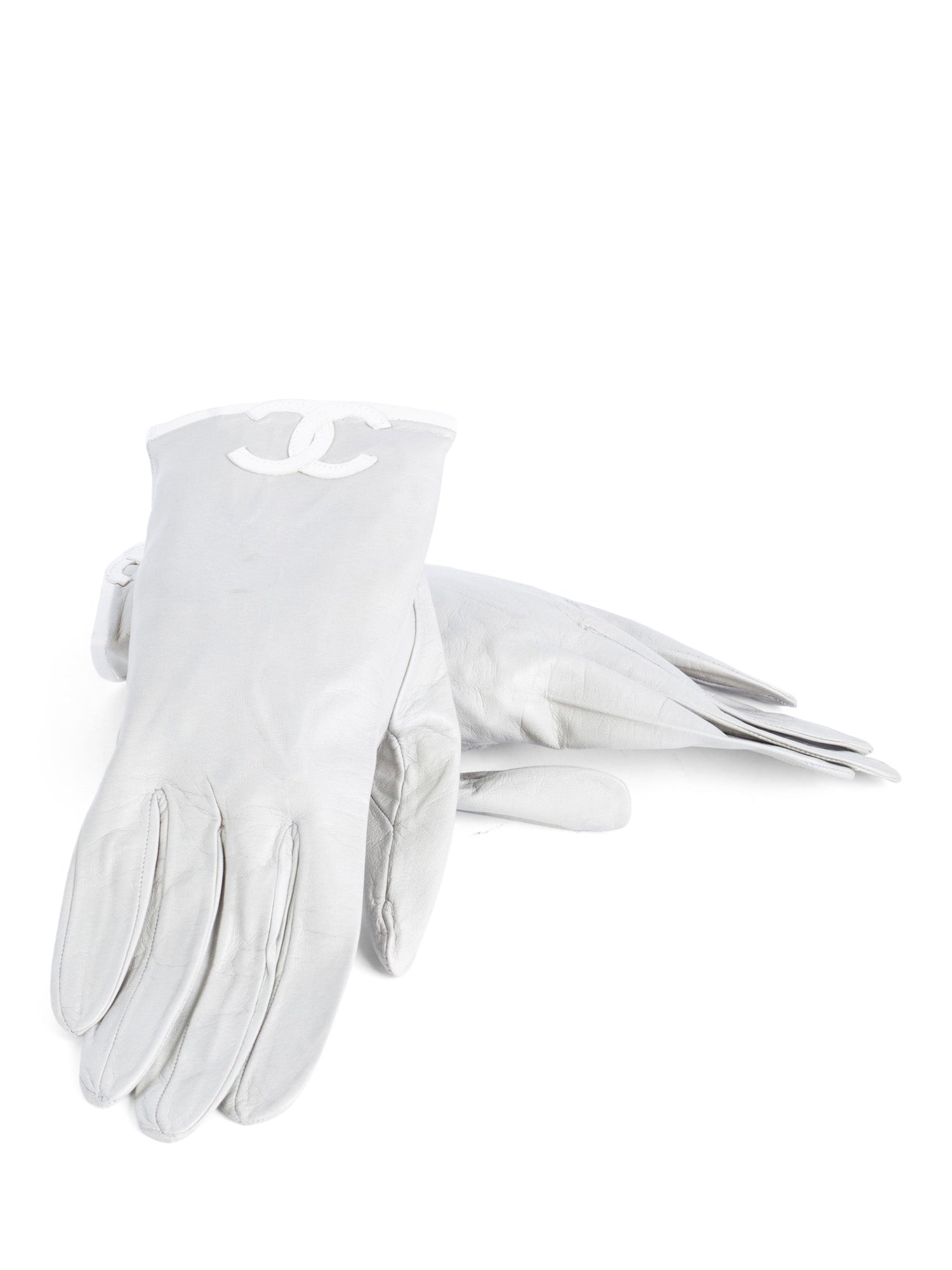 Chanel CC Logo Leather Gloves Grey White