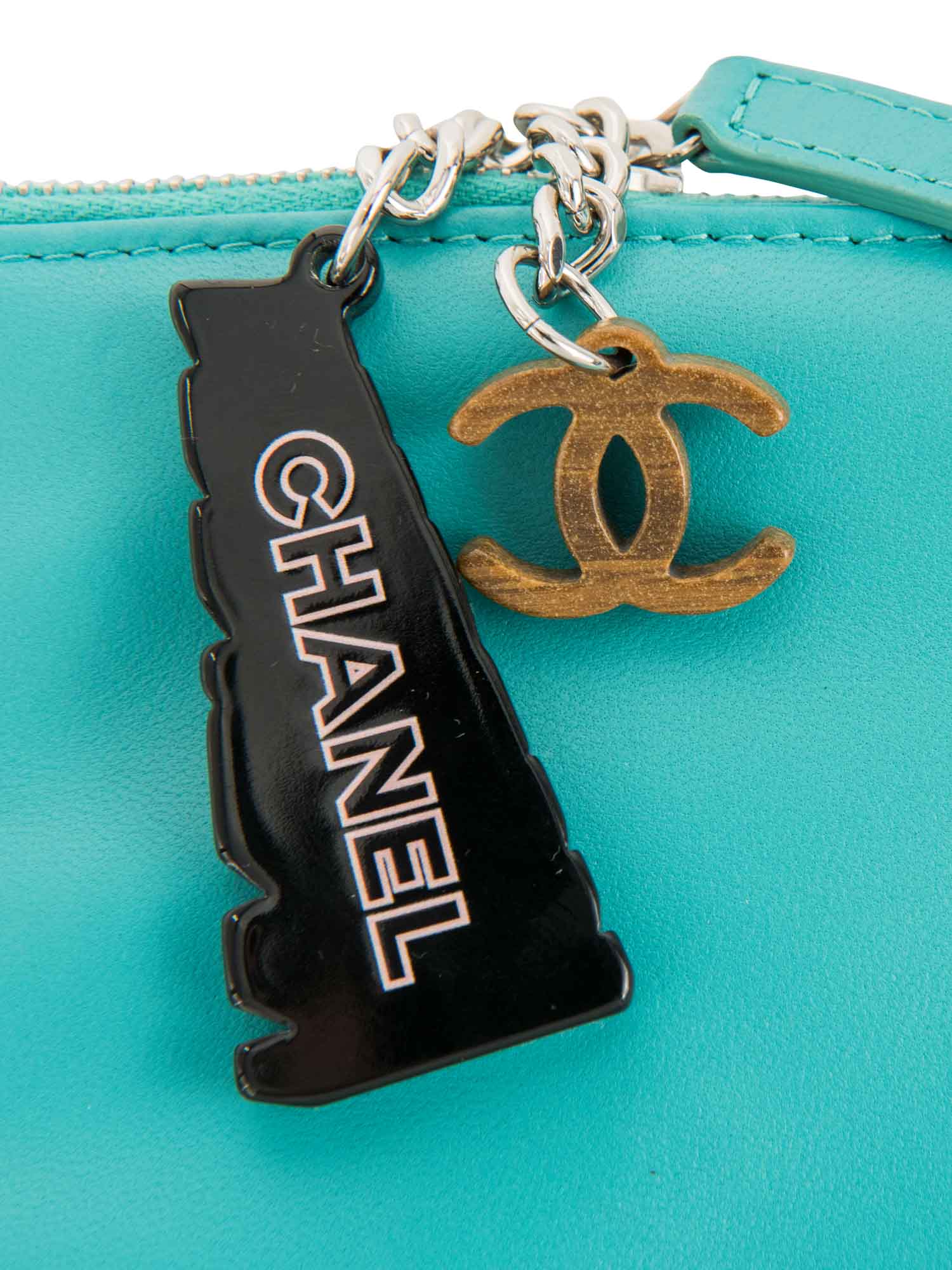 Chanel CC Logo Leather Habana Clutch Aqua Blue