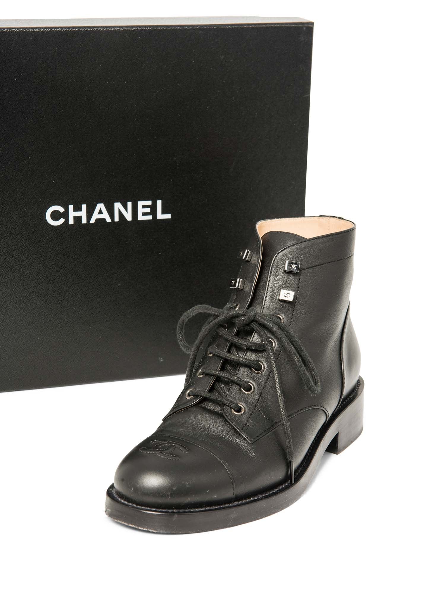 Chanel CC Logo Leather Lace Up Cap Toe Boots Black