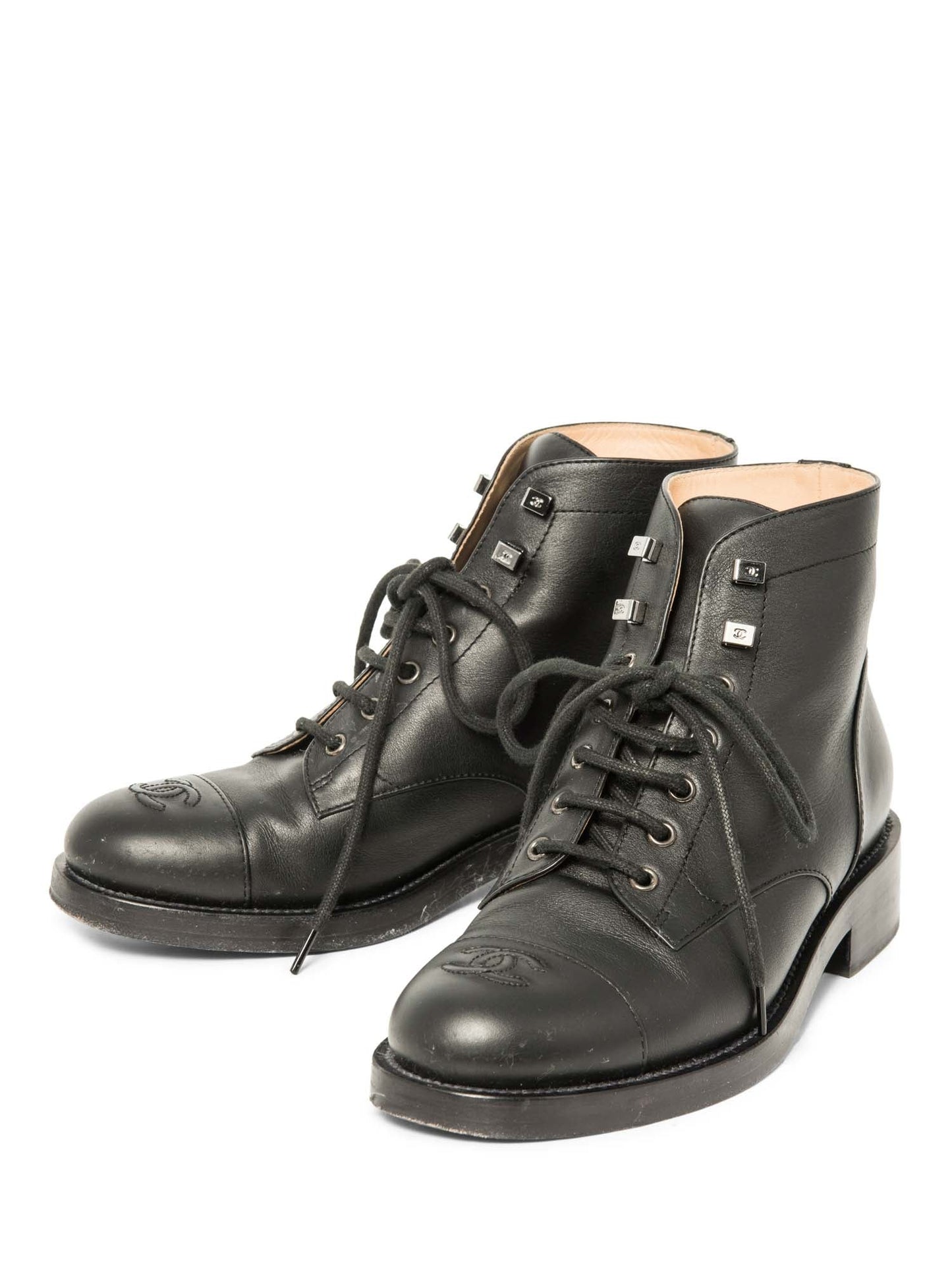 Chanel CC Logo Leather Lace Up Cap Toe Boots Black