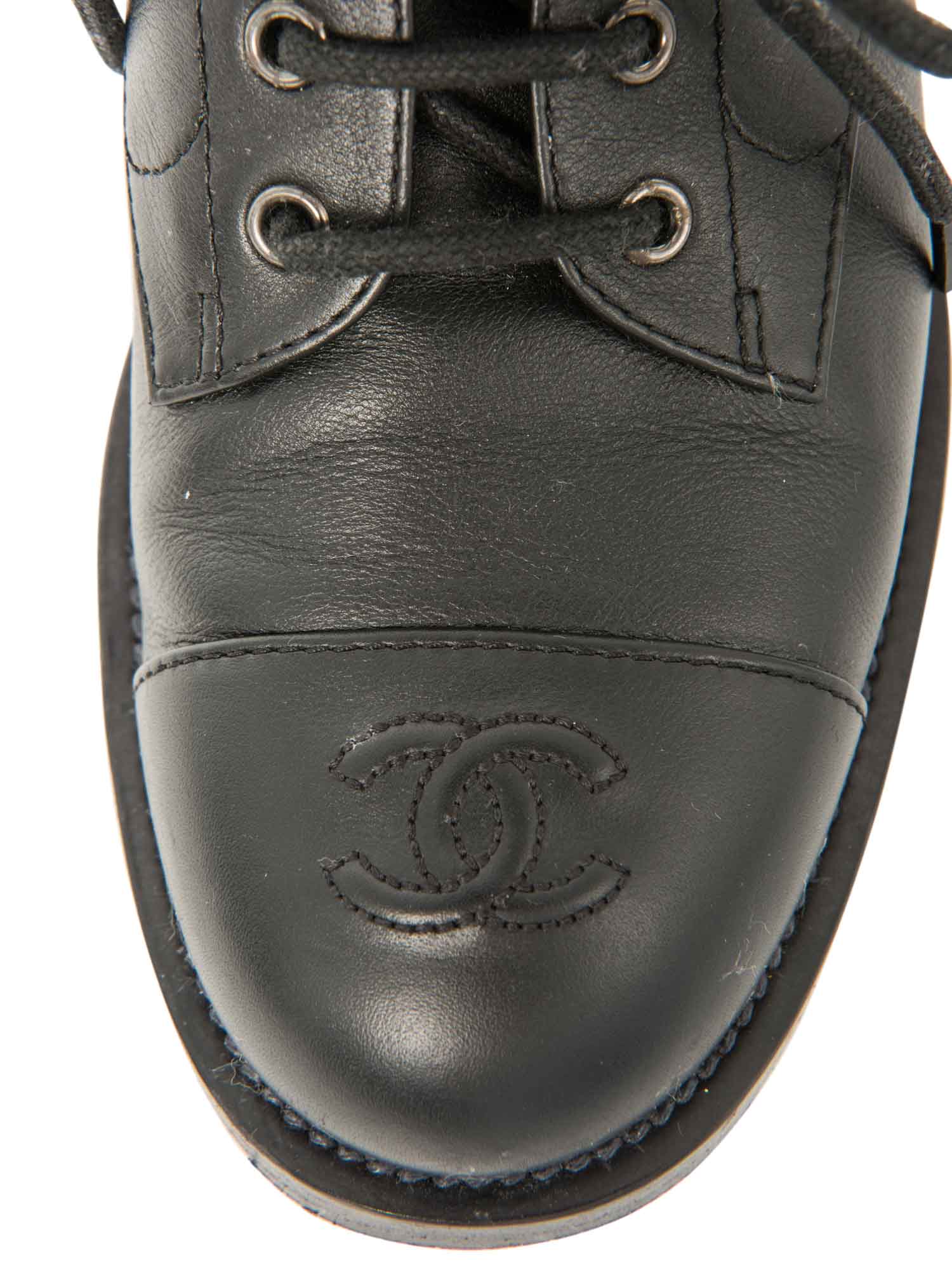 Chanel CC Logo Leather Lace Up Cap Toe Boots Black
