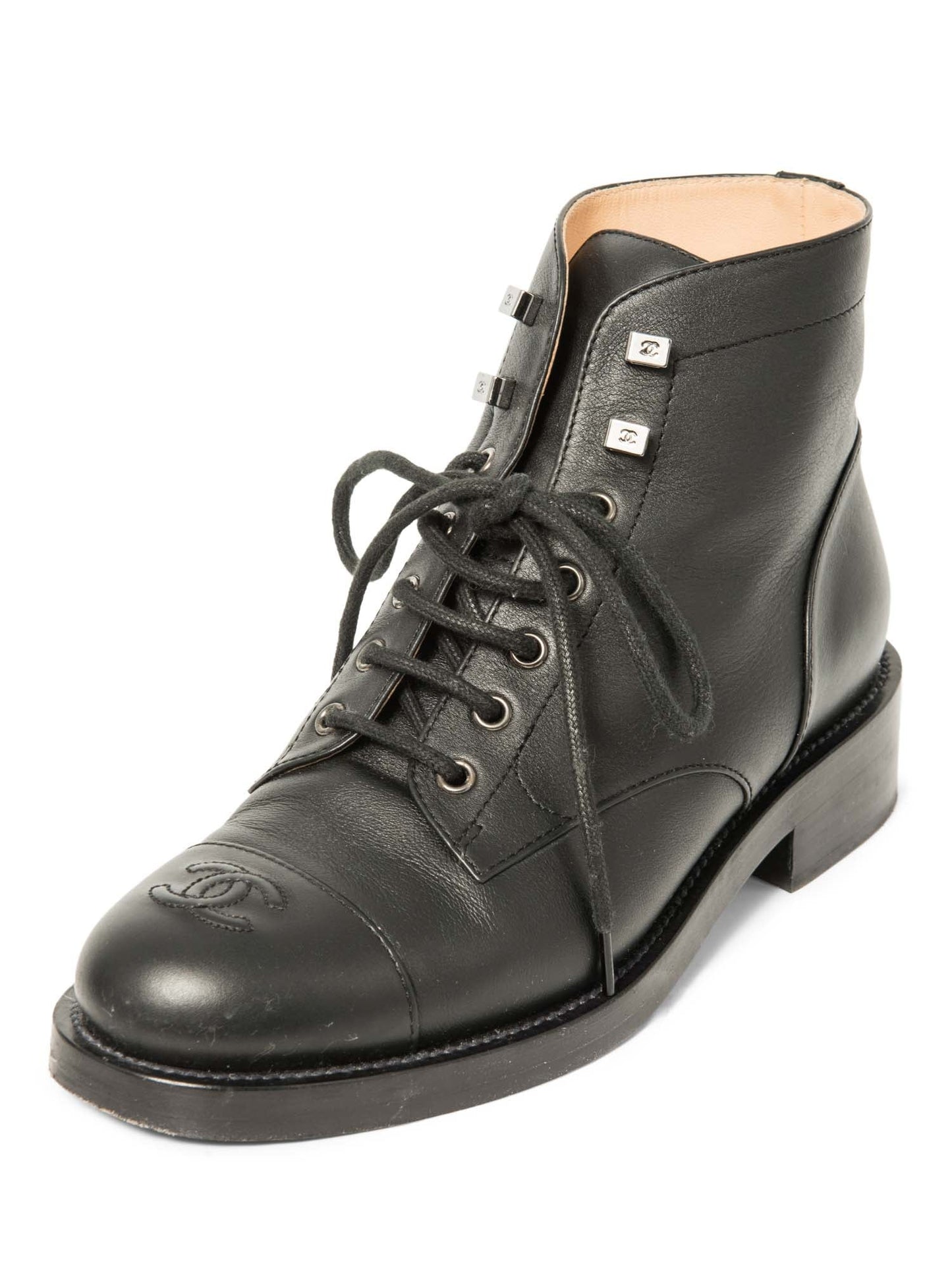 Chanel CC Logo Leather Lace Up Cap Toe Boots Black