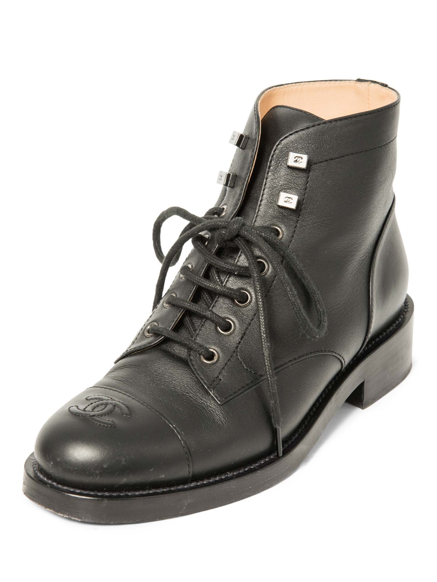 Chanel CC Logo Leather Lace Up Cap Toe Boots Black