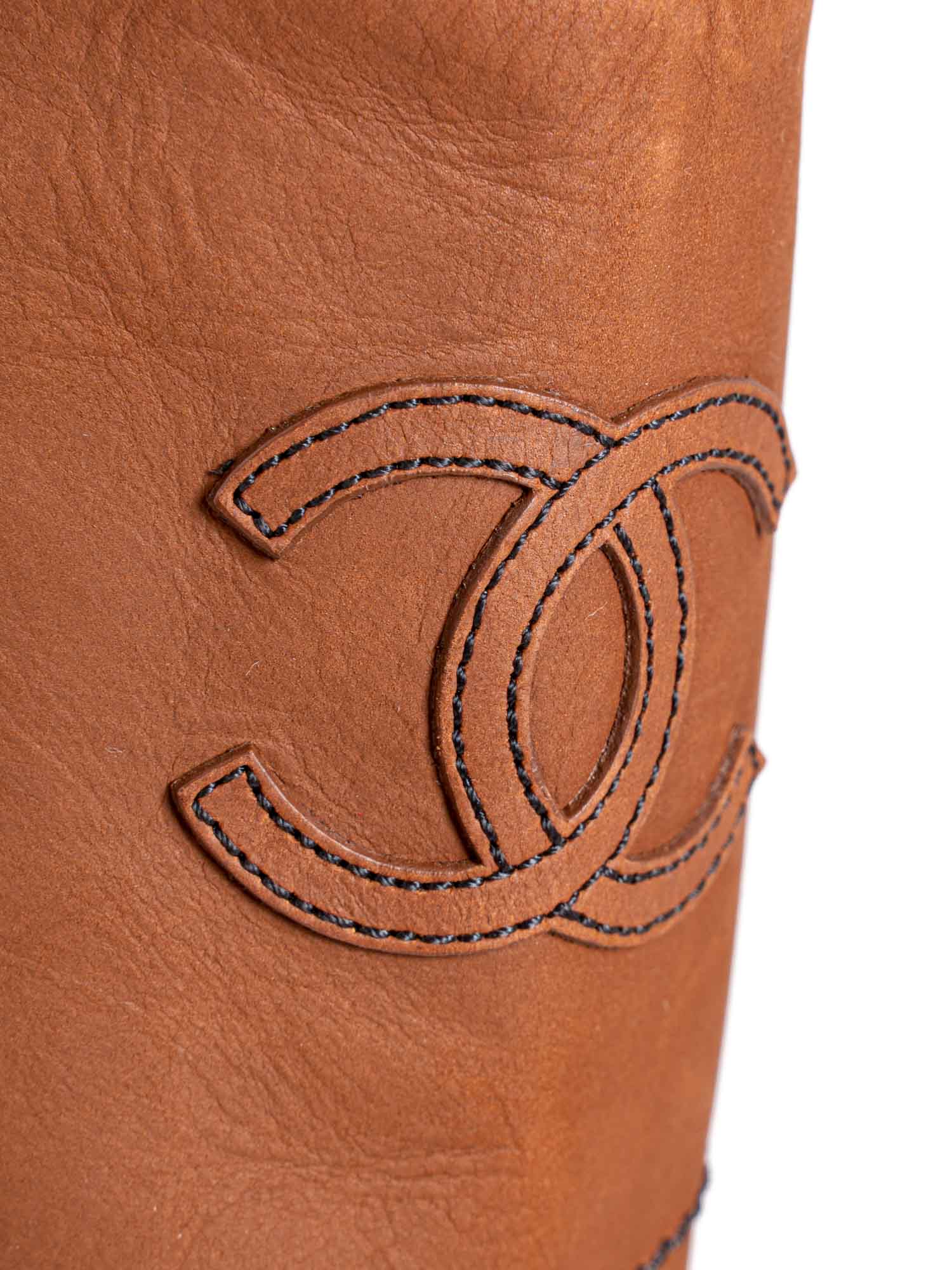 Chanel CC Logo Leather Pull On Flat Boots Brown