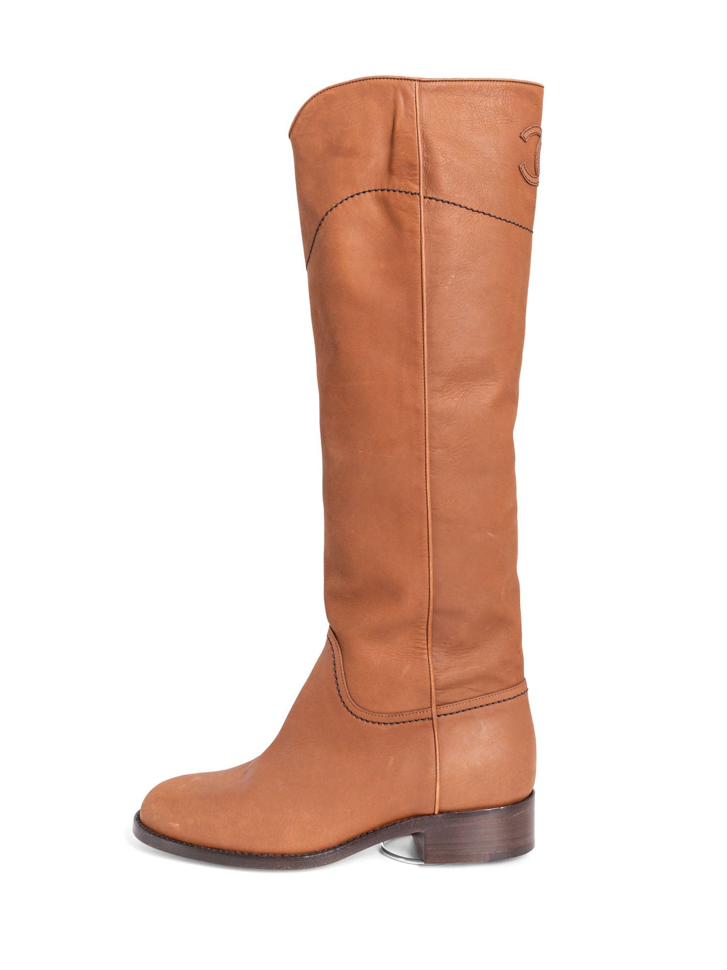 Chanel CC Logo Leather Pull On Flat Boots Brown