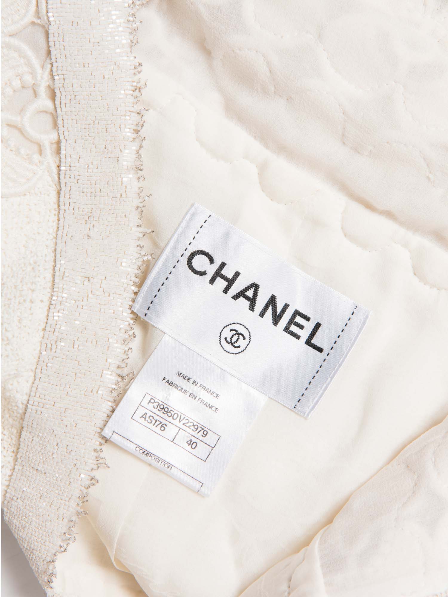Chanel CC Logo Lesage Tweed Camellia Beaded Fringe Jacket Ivory