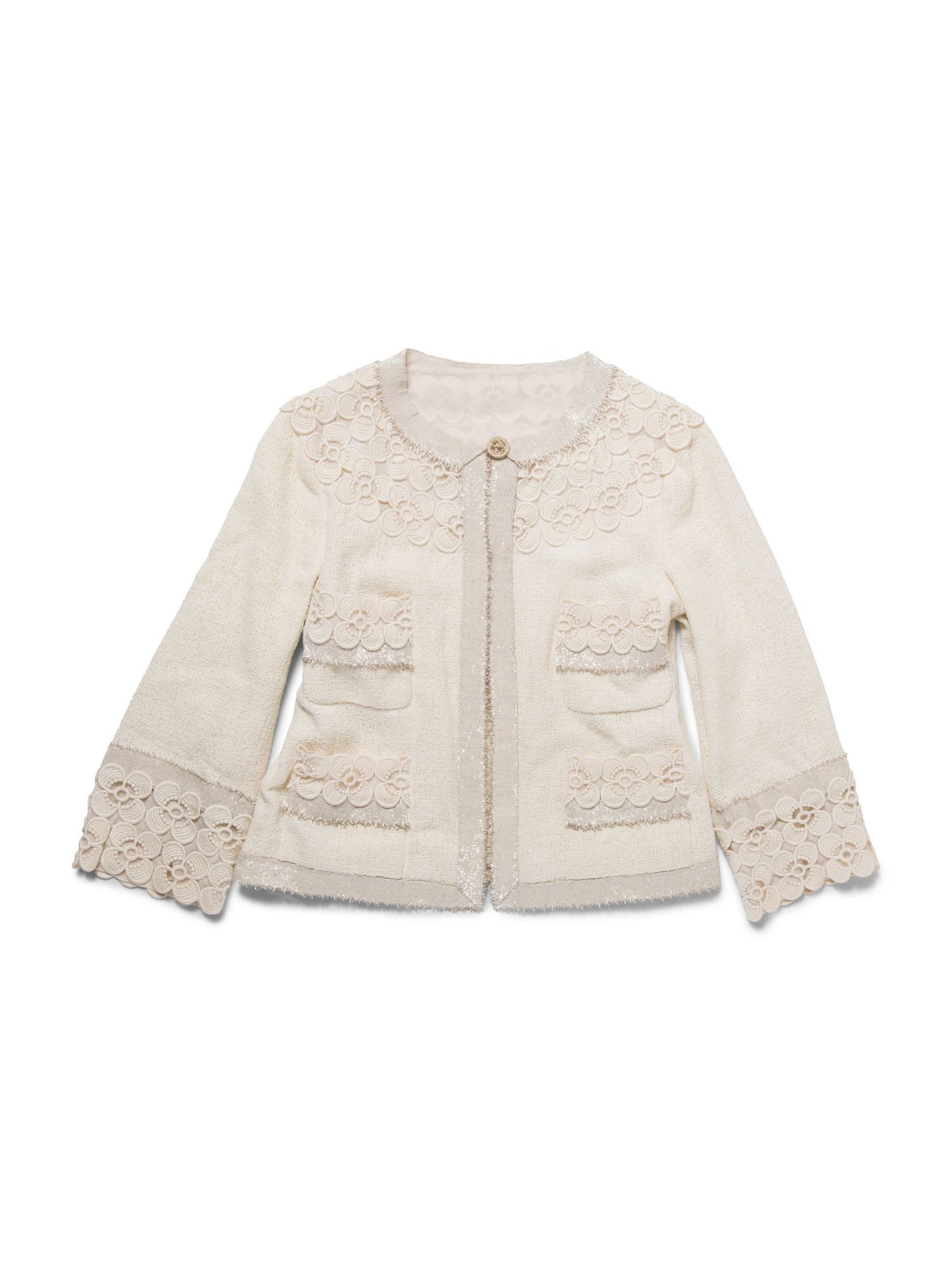 Chanel CC Logo Lesage Tweed Camellia Beaded Fringe Jacket Ivory