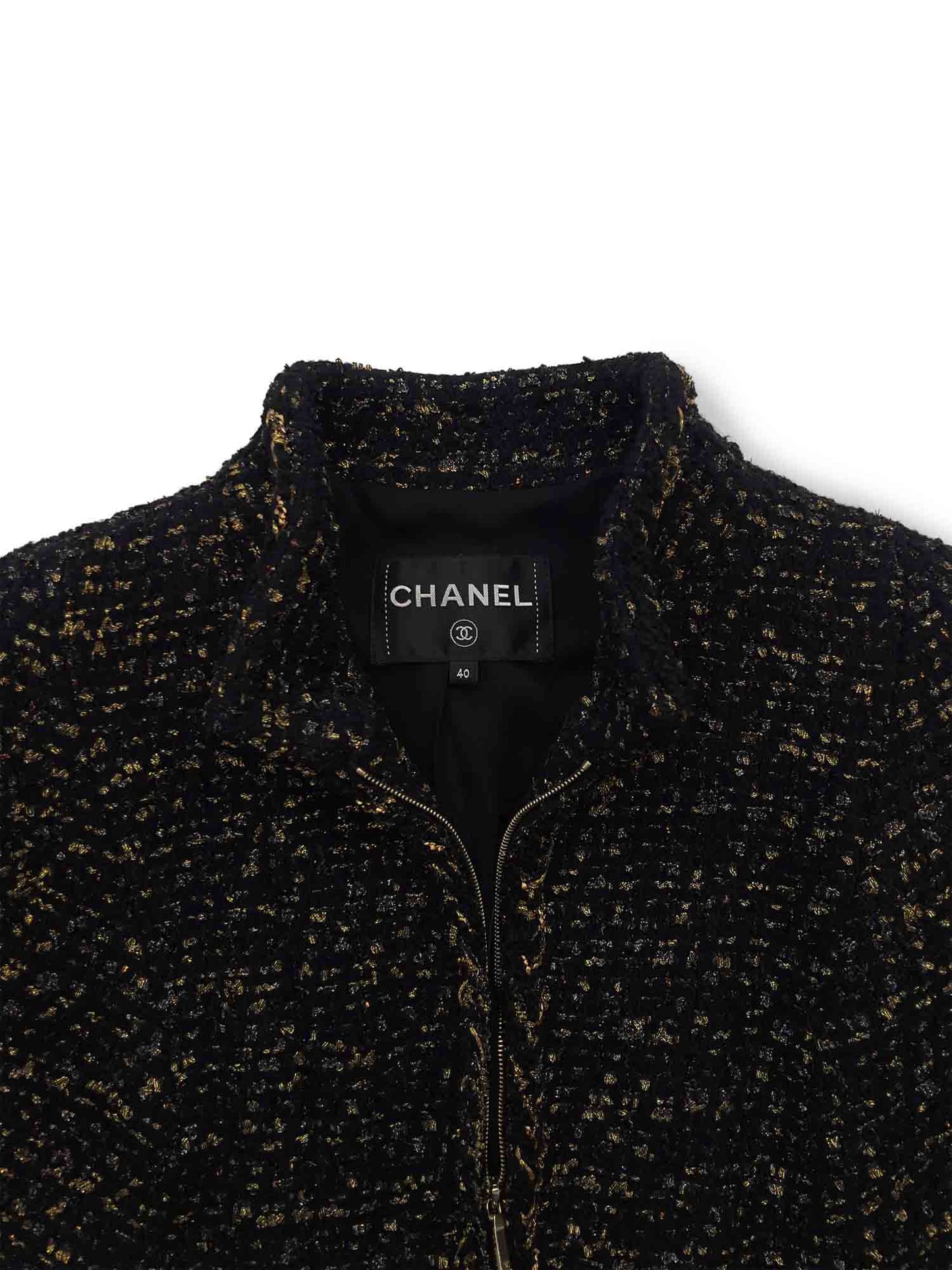 Chanel CC Logo Lesage Tweed Fringe Aline Jacket Black