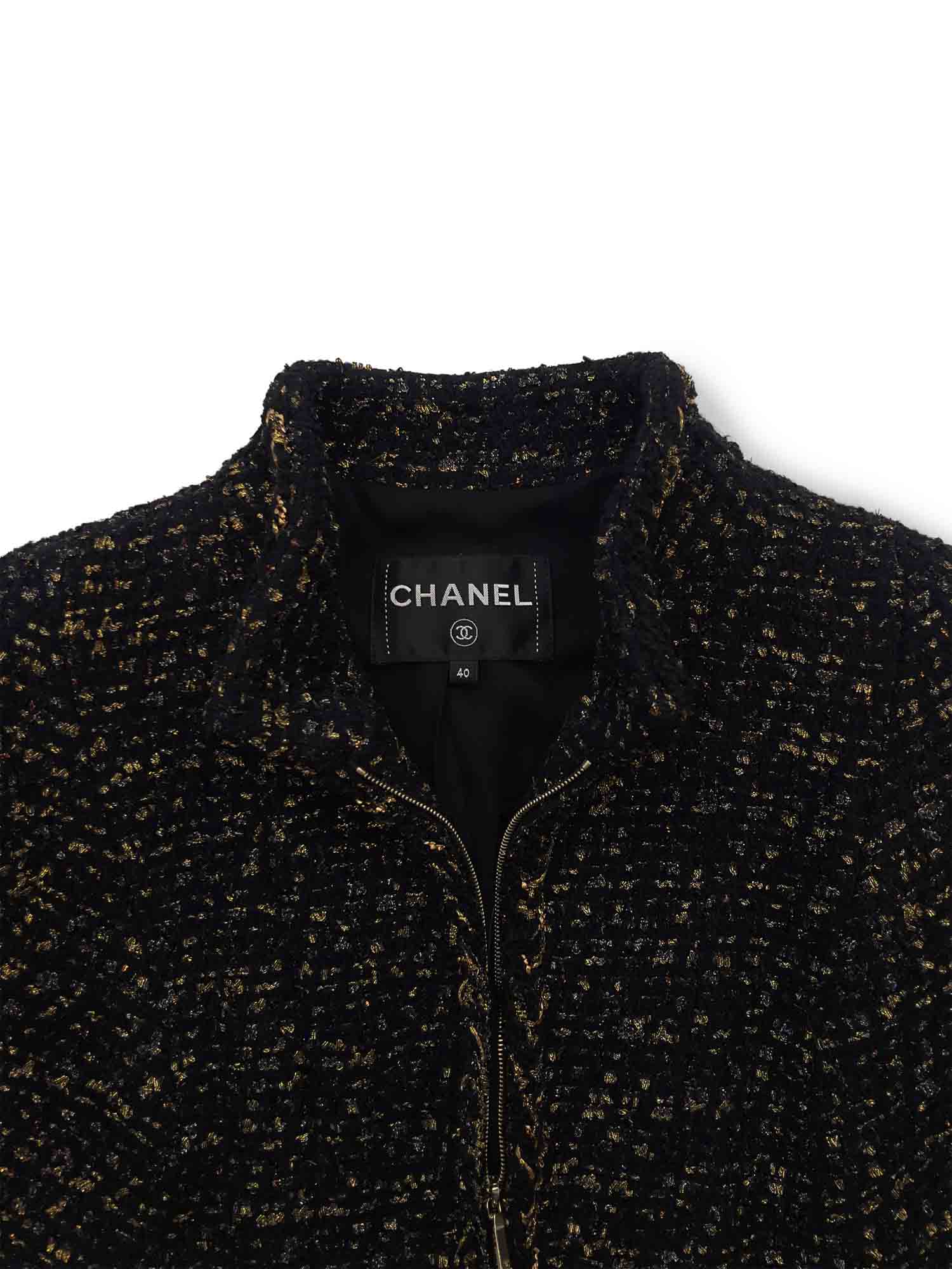Chanel CC Logo Lesage Tweed Fringe Aline Jacket Black