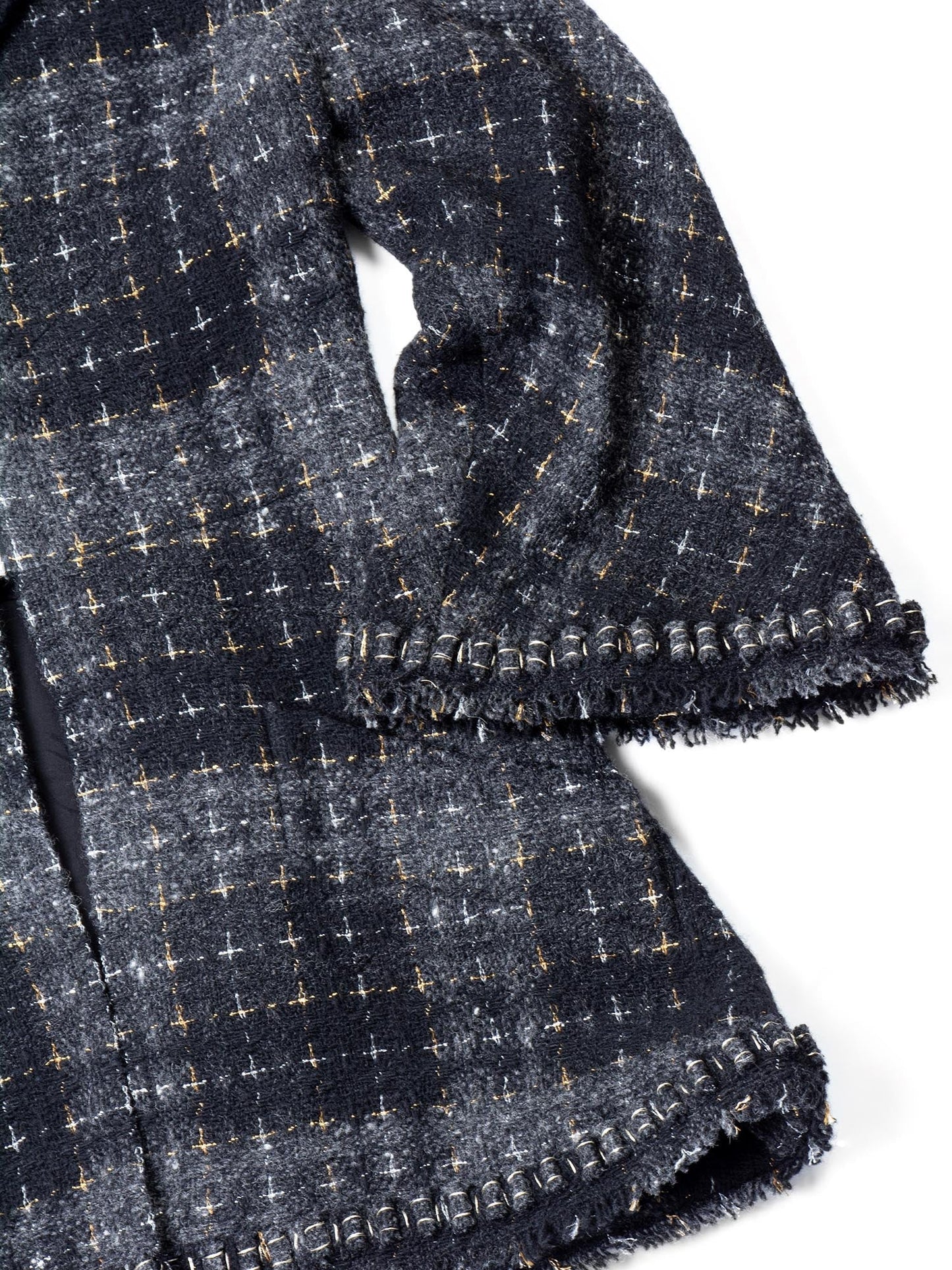 Chanel CC Logo Lesage Tweed Fringe Aline Jacket Black Grey