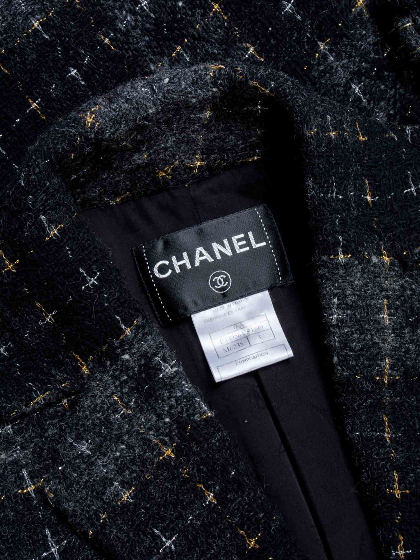 Chanel CC Logo Lesage Tweed Fringe Aline Jacket Black Grey