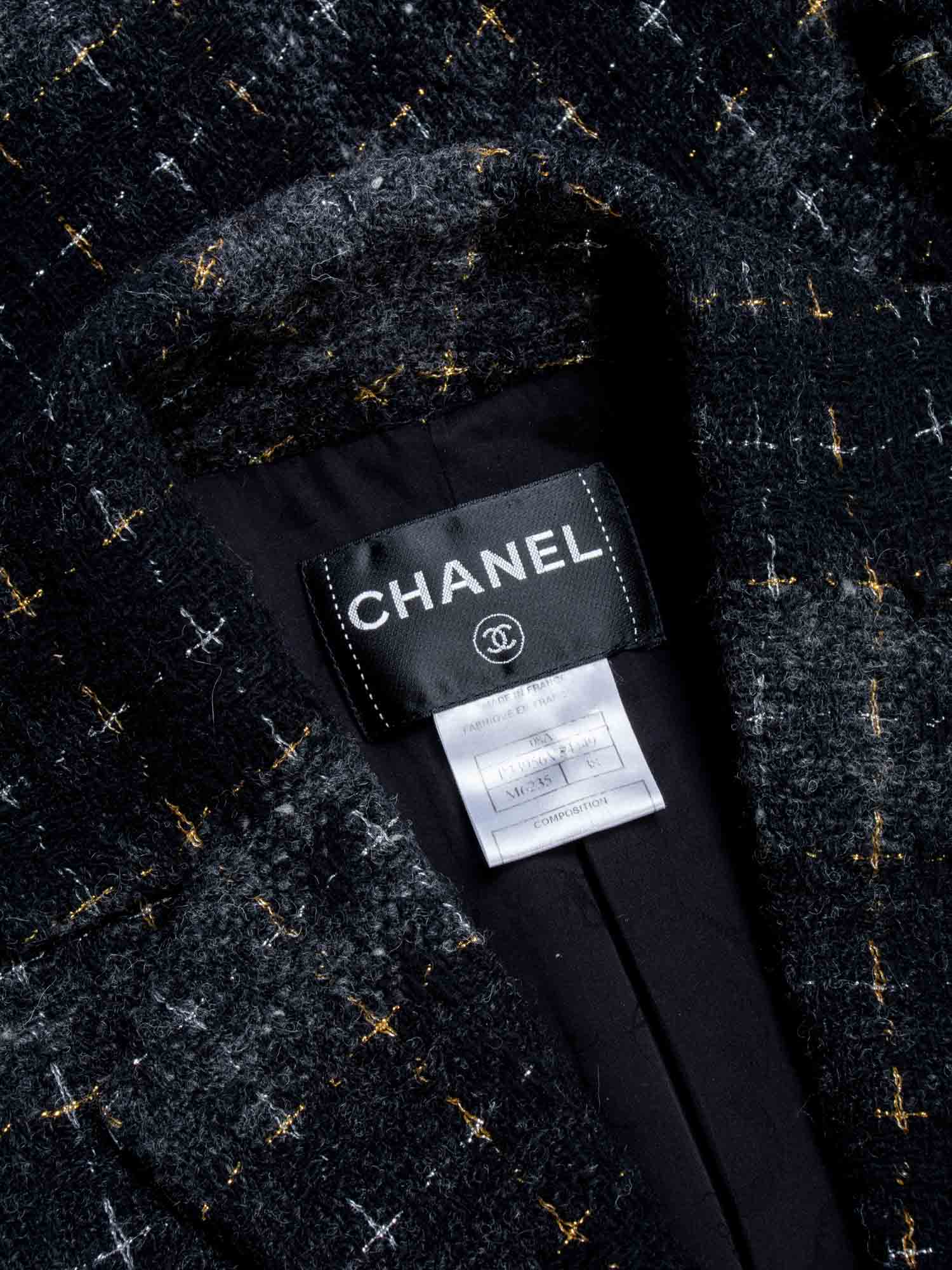 Chanel CC Logo Lesage Tweed Fringe Aline Jacket Black Grey
