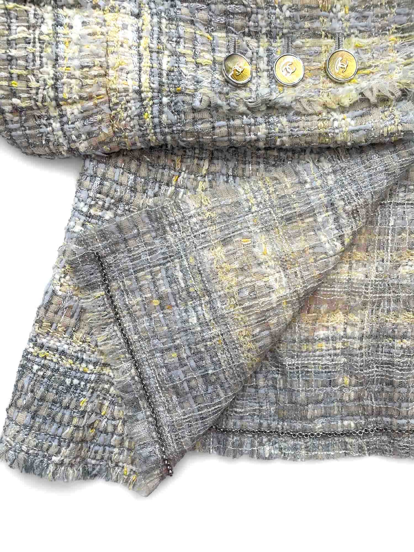 Chanel CC Logo Lesage Tweed Fringe Jacket Grey Yellow