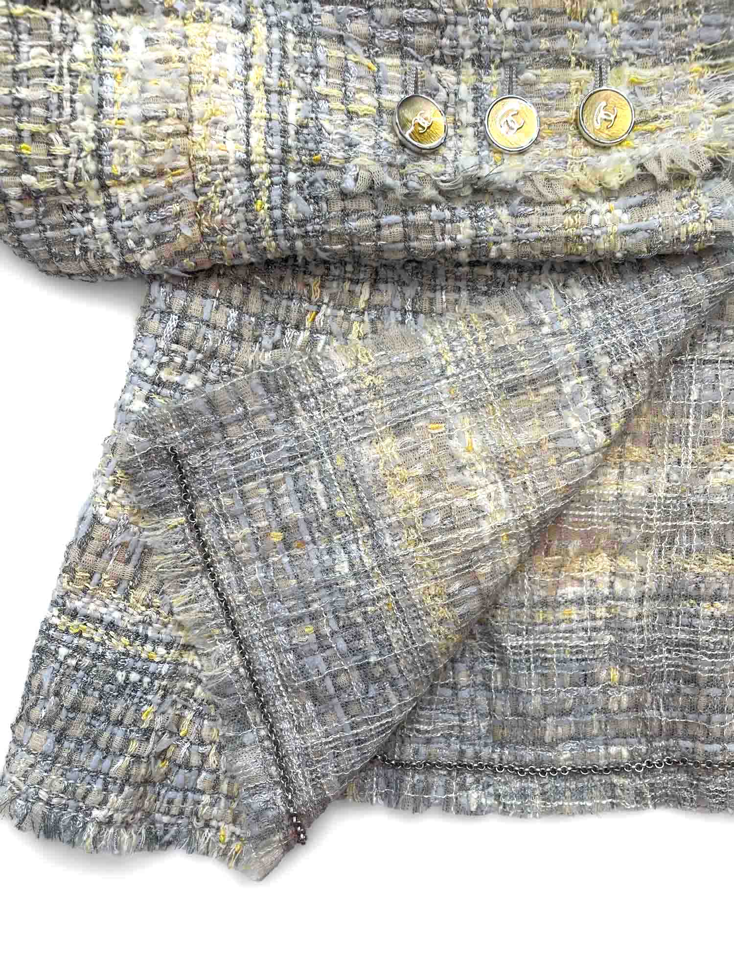 Chanel CC Logo Lesage Tweed Fringe Jacket Grey Yellow