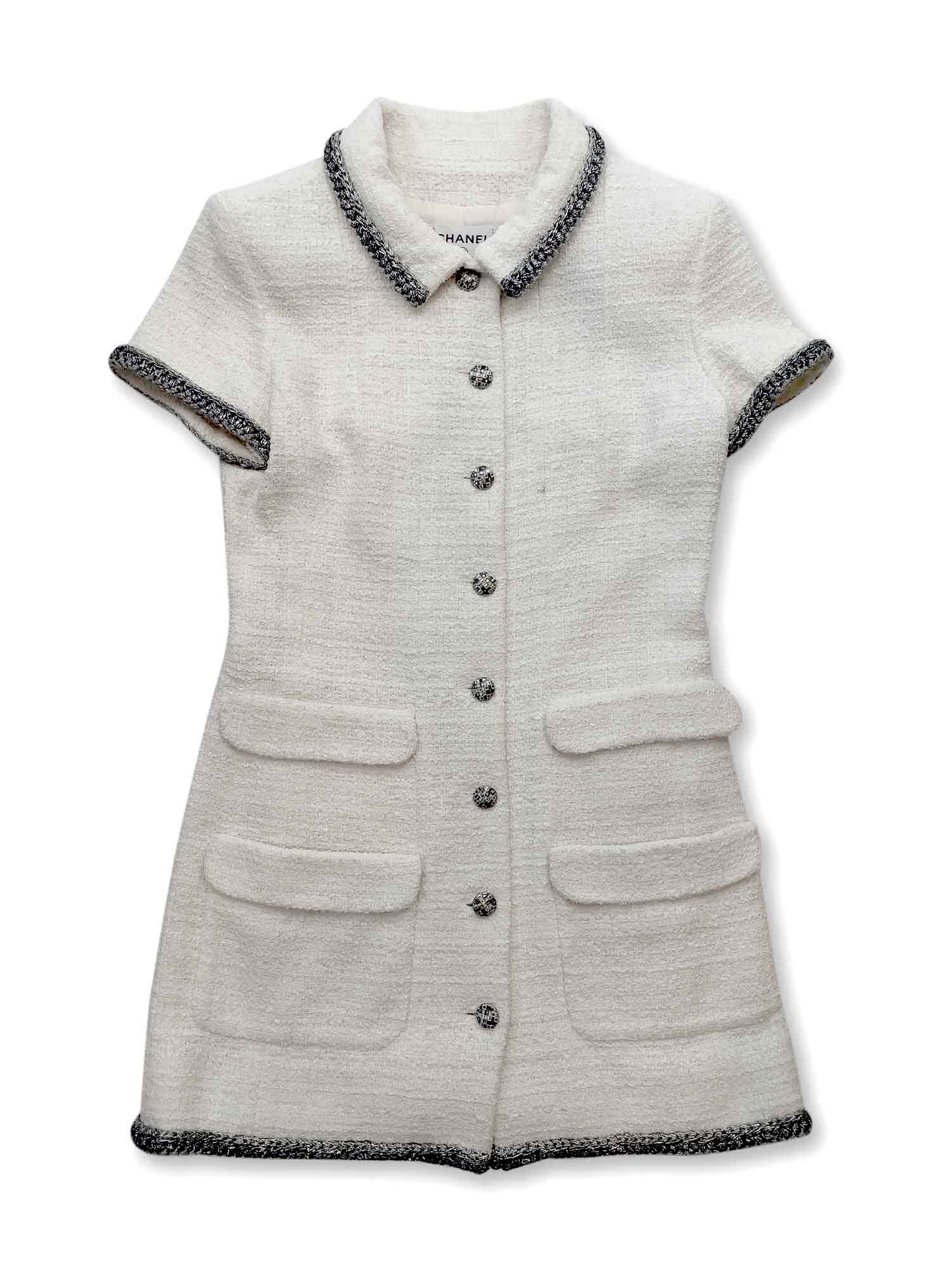 Chanel CC Logo Lesage Tweed Fringy Fitted Mini Dress White