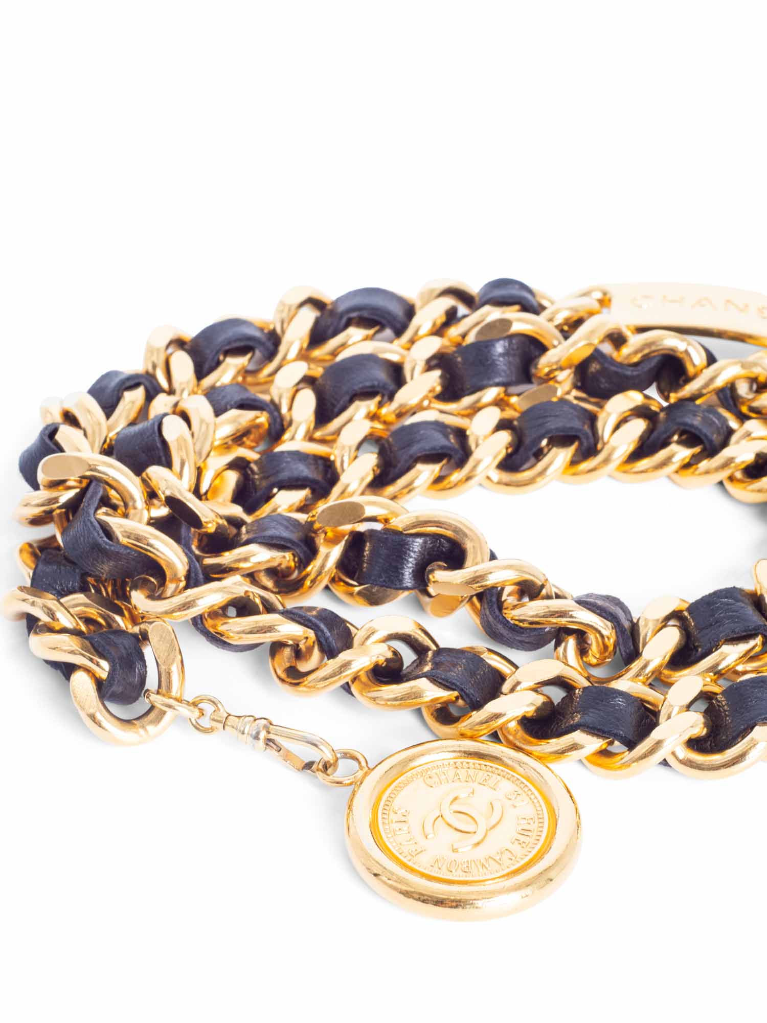 Chanel CC Logo Medallion K Gold Chain Leather Belt Black