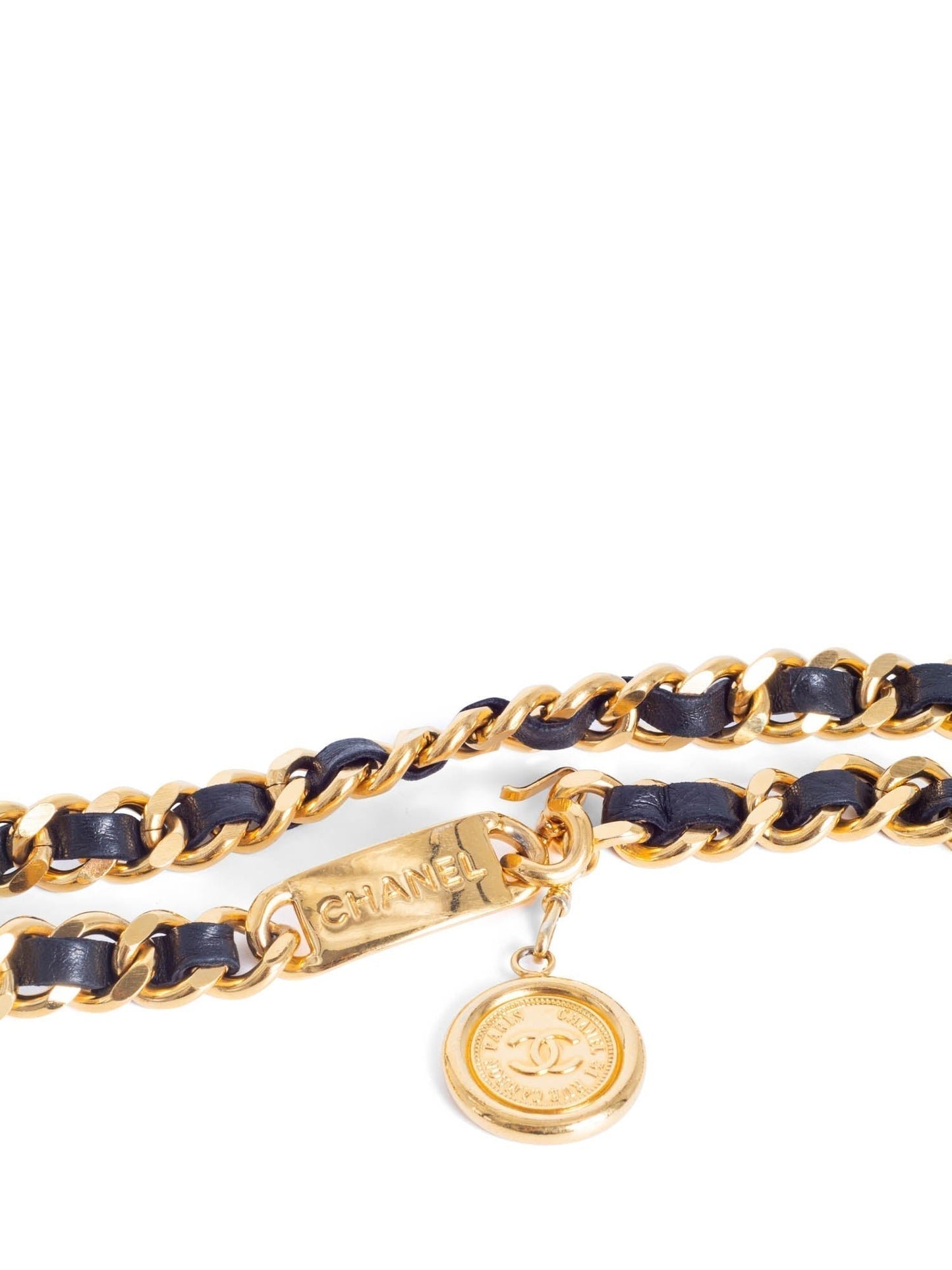 Chanel CC Logo Medallion K Gold Chain Leather Belt Black