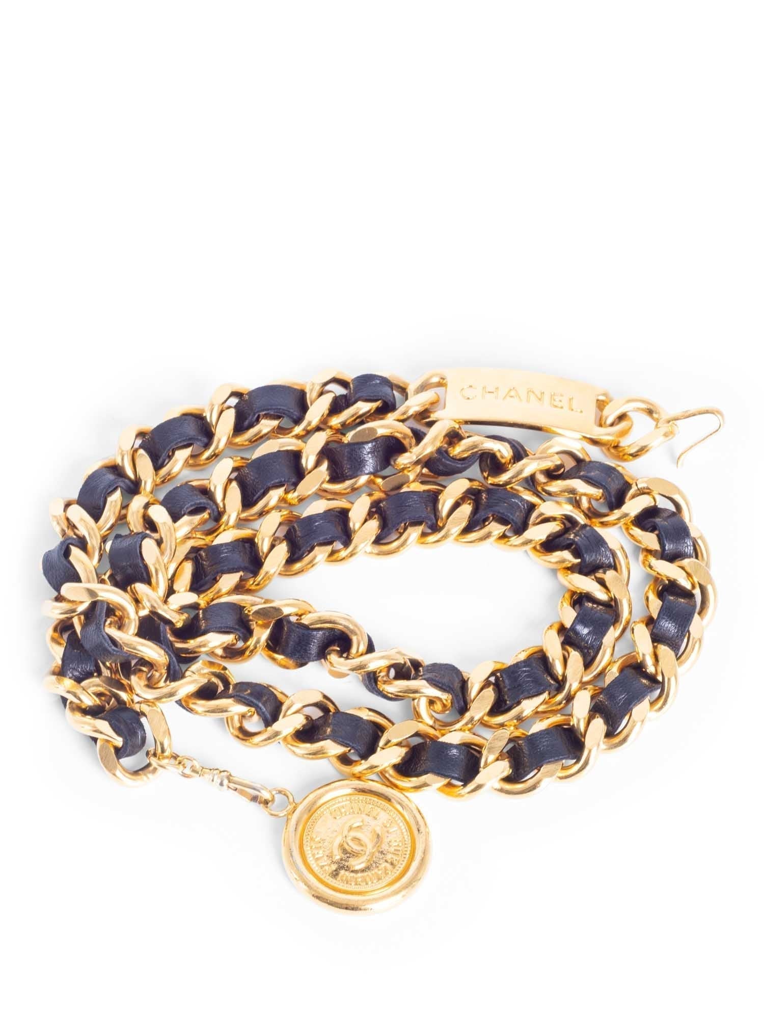 Chanel CC Logo Medallion K Gold Chain Leather Belt Black
