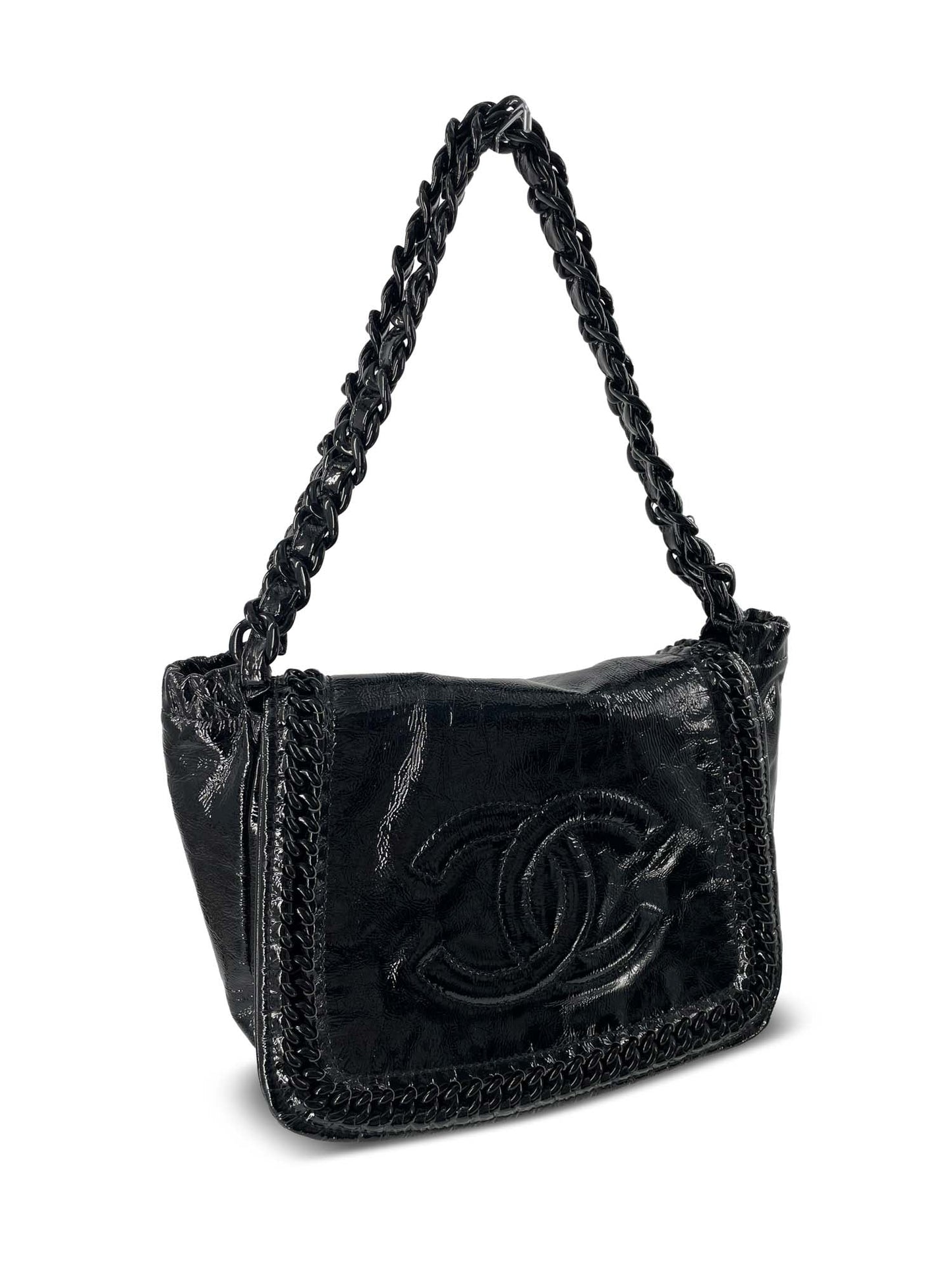Chanel CC Logo Patent Leather Modern Chain Flap Bag Black