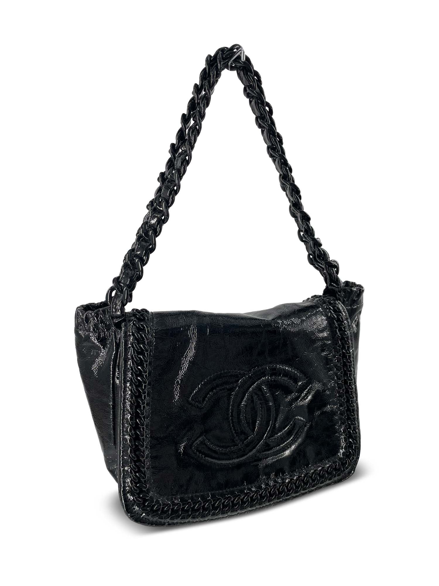 Chanel CC Logo Patent Leather Modern Chain Flap Bag Black