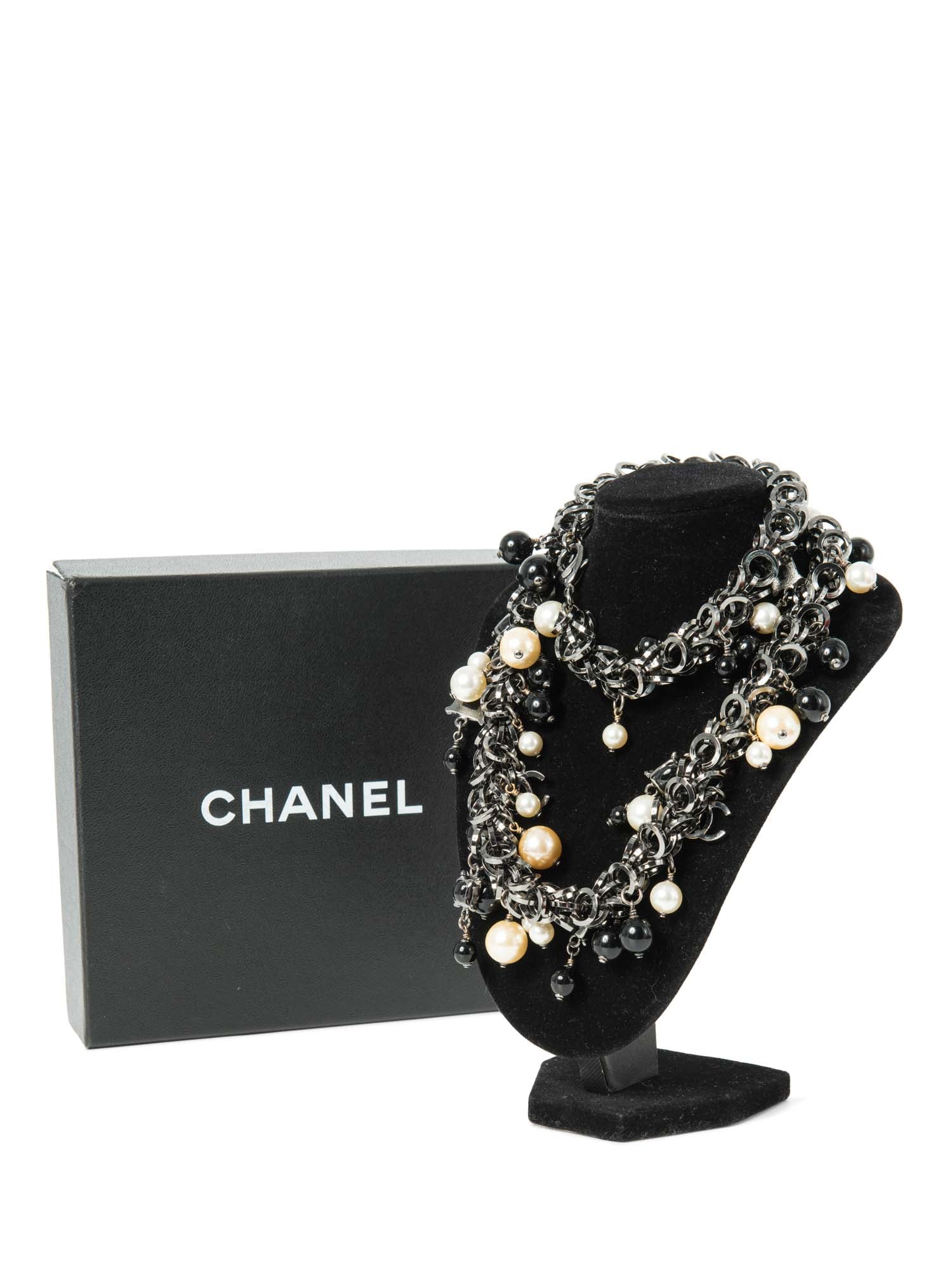 Chanel CC Logo Pearl Runway Necklace Black White