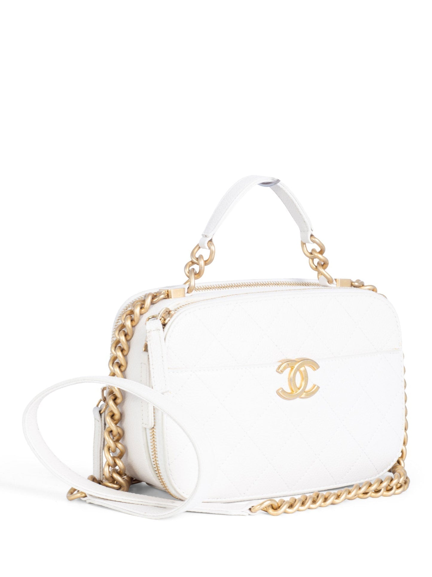 Chanel CC Logo Quilted Caviar Camera Messenger Bag White