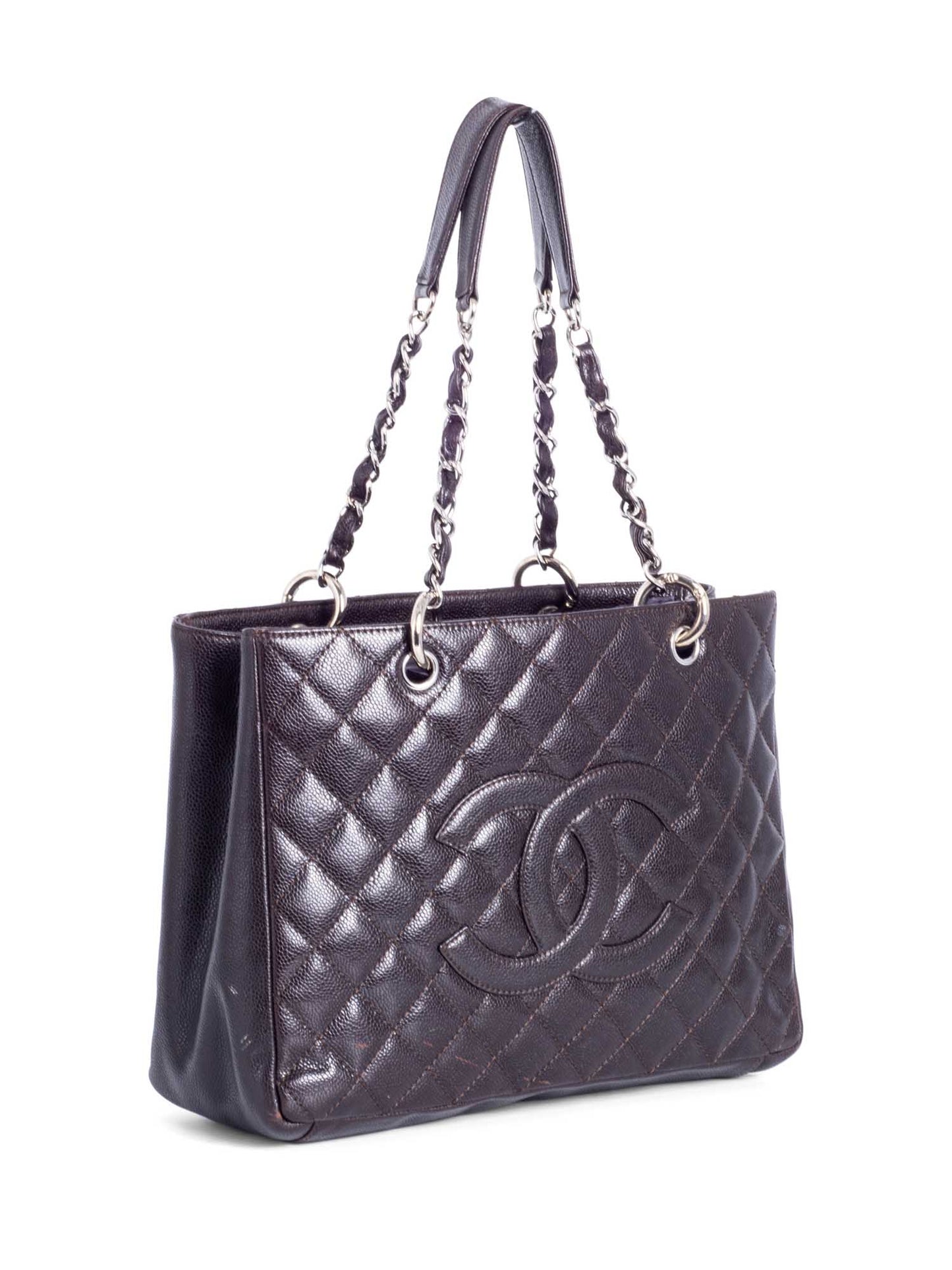 Chanel CC Logo Quilted Caviar Grand Shopper Bag Brown