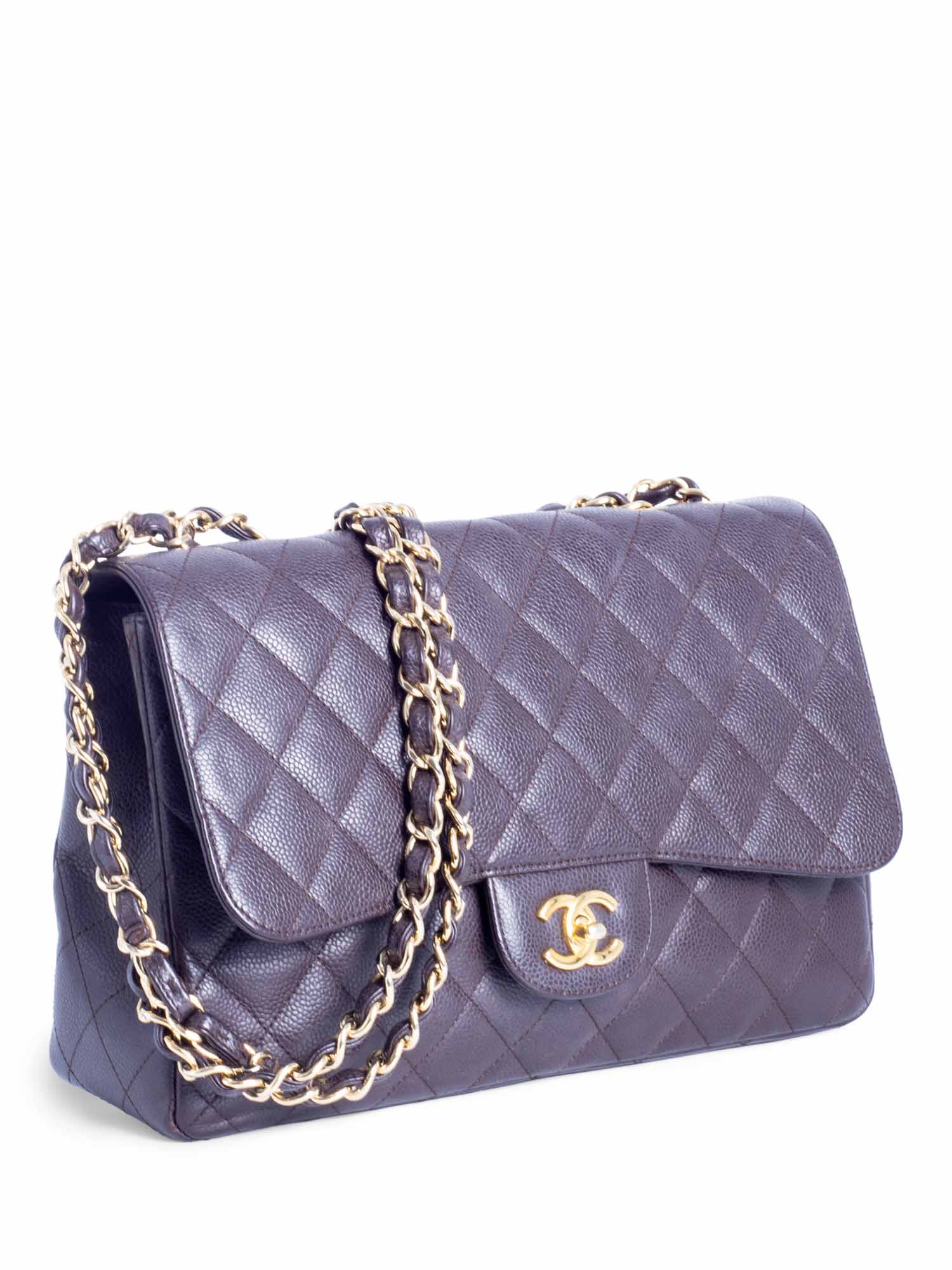 Chanel CC Logo Quilted Caviar Jumbo Double Flap Bag Brown Gold