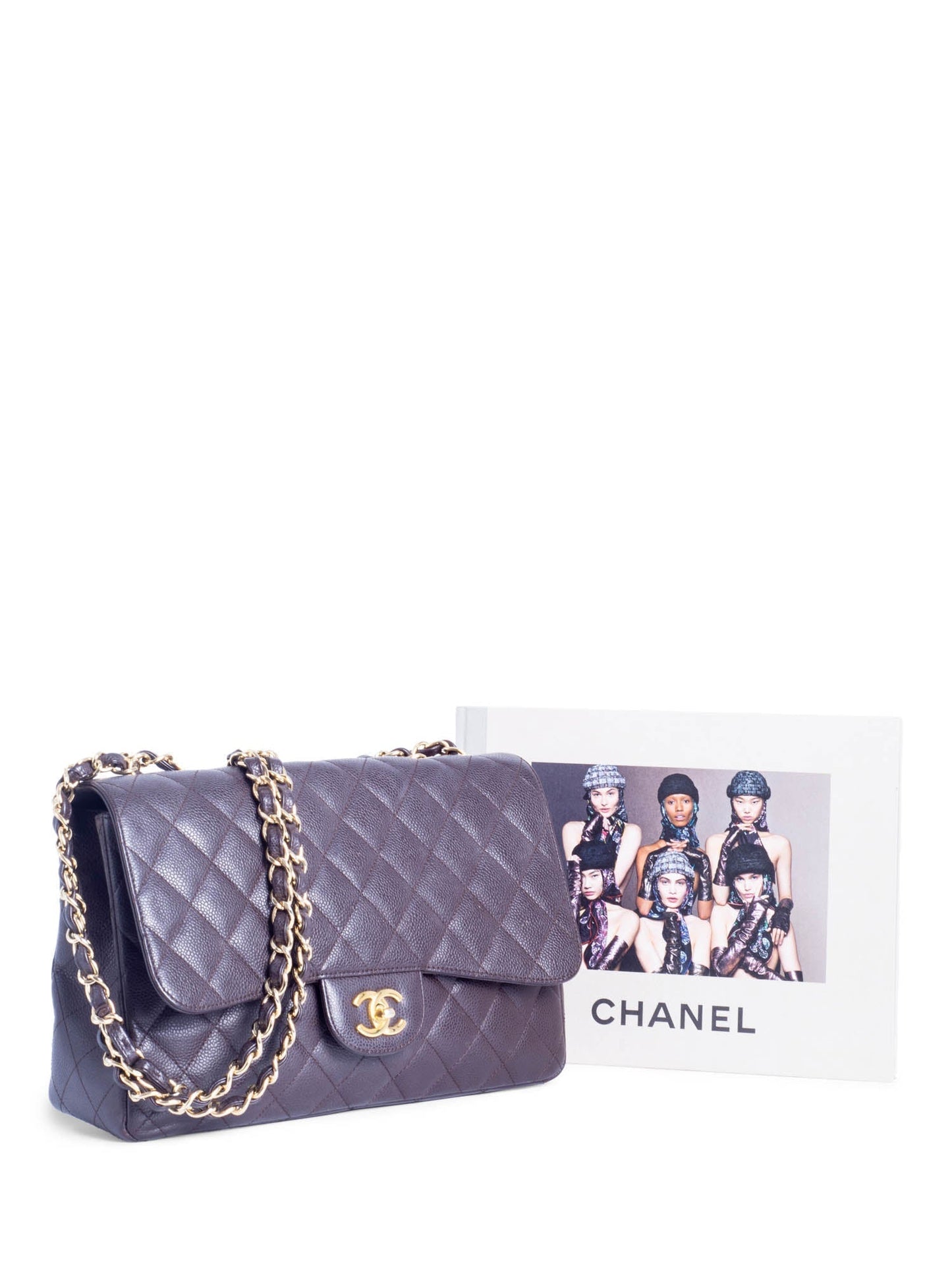 Chanel CC Logo Quilted Caviar Jumbo Double Flap Bag Brown Gold